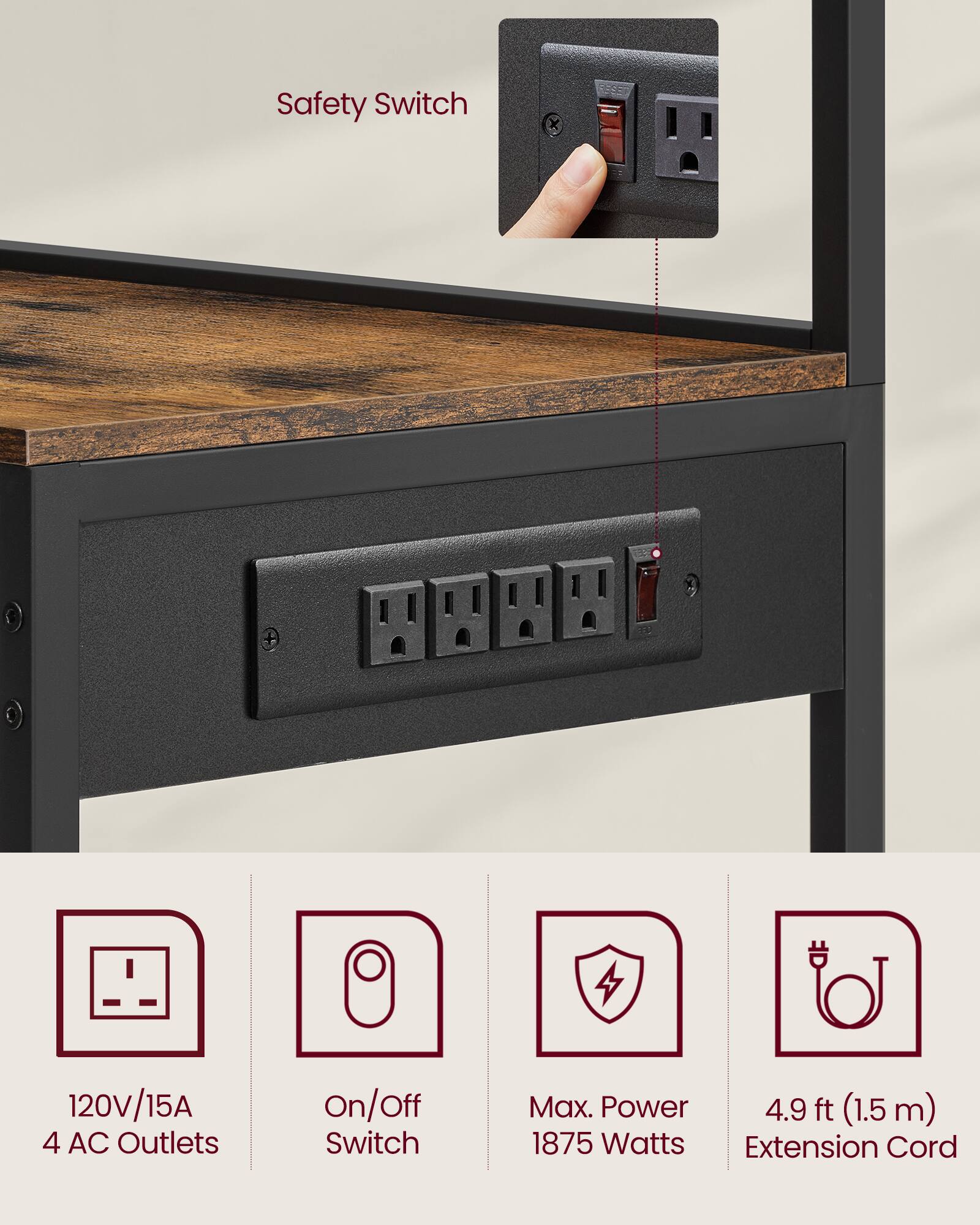 Safety Switch  
120V/15A  
4 AC Outlets  
On/Off Switch  
Max. Power 1875 Watts  
4.9 ft (1.5 m) Extension Cord
