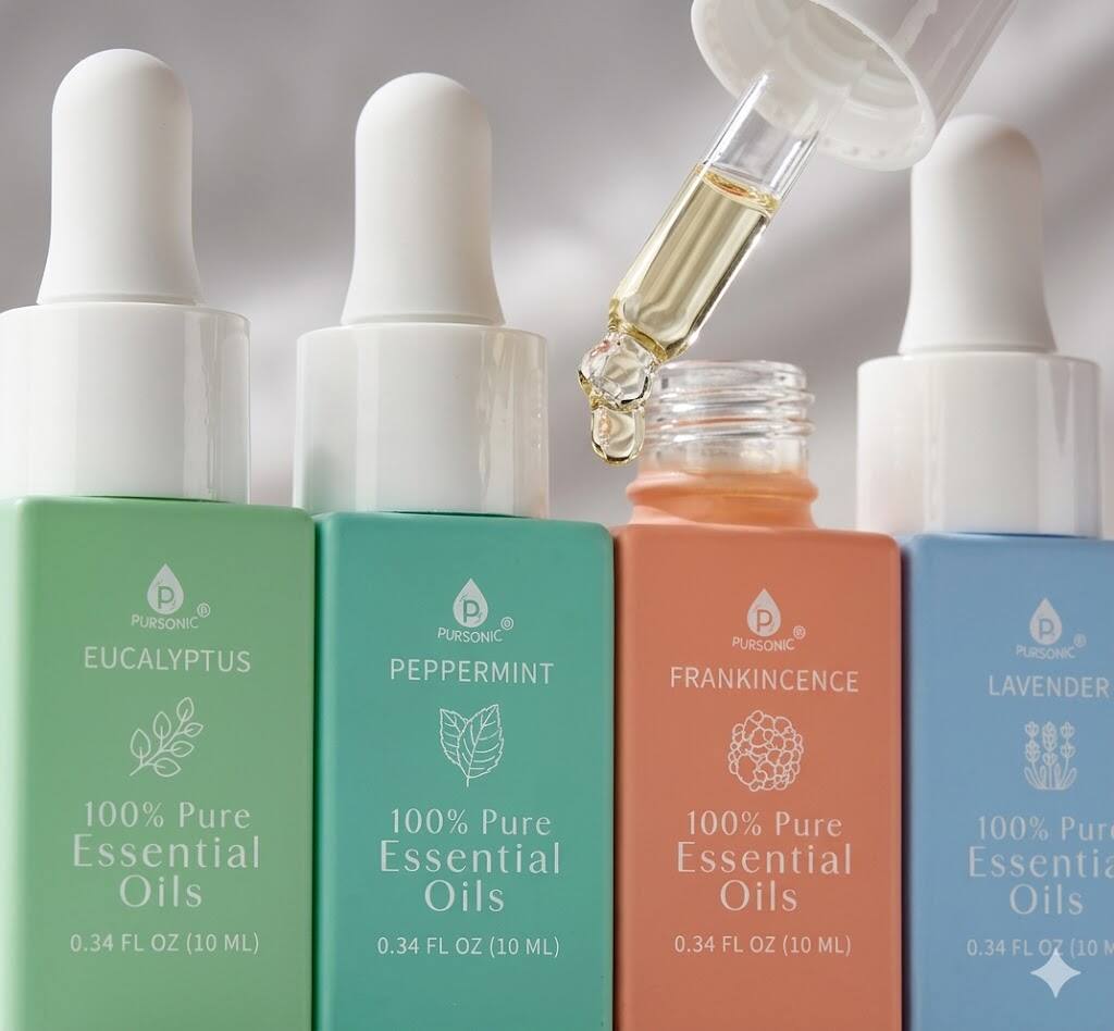 P PURSONIC EUCALYPTUS  
P PURSONIC PEPPERMINT  
P PURSONIC FRANKINCENSE  
P PURSONIC LAVENDER  

100% Pure Essential Oils 0.34 FL OZ (10 ML)  
100% Pure Essential Oils 0.34 FL OZ (10 ML)  
100% Pure Essential Oils 0.34 FL OZ (10 ML)  
100% Pure Essential Oils 0.34 FL OZ (10 ML)