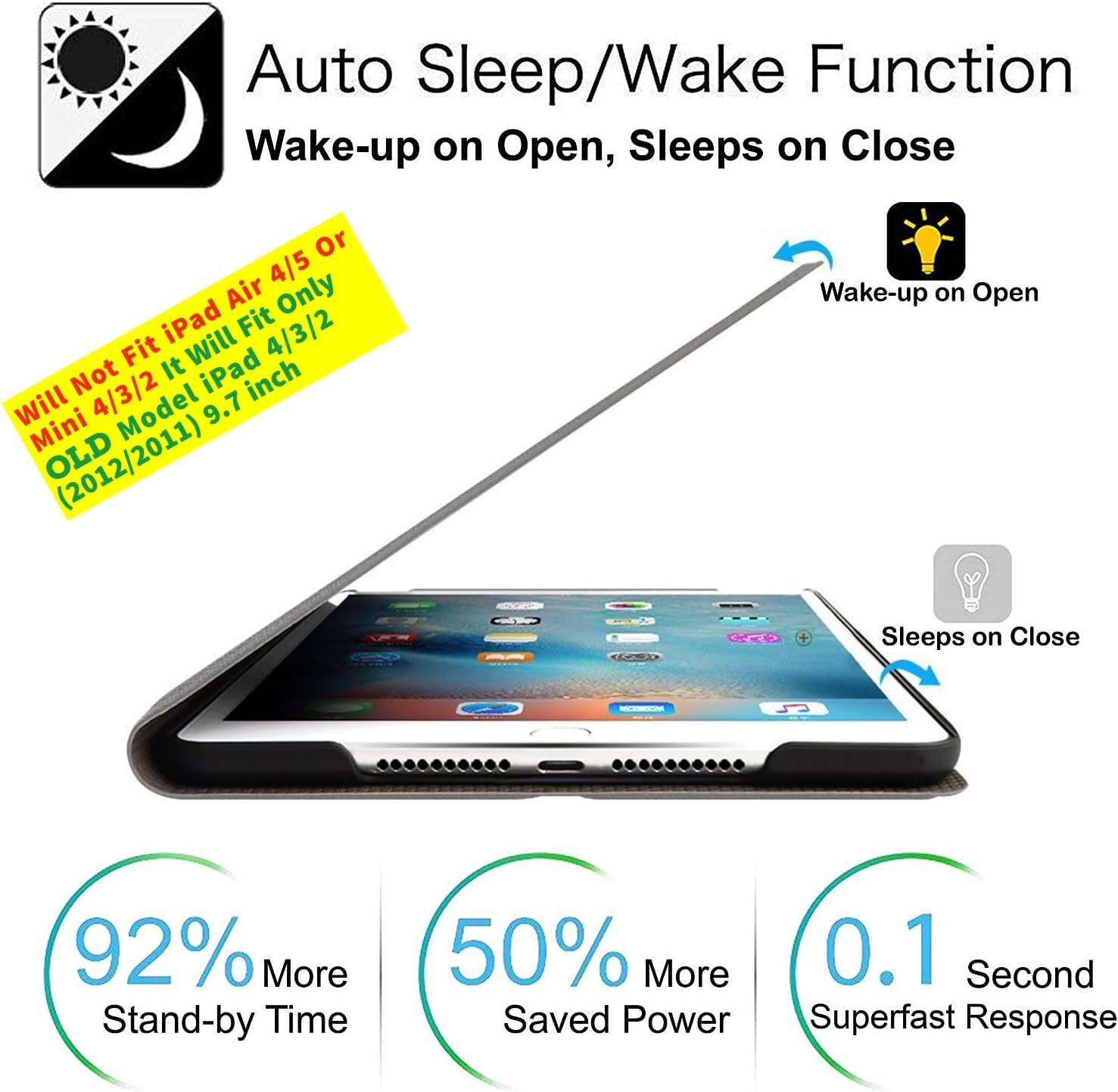 Auto Sleep/Wake Function  
Wake-up on Open, Sleeps on Close  

Will Not Fit iPad Air 4/5 Or Mini 4/3/2 It Will Fit iPad 4/3/2 Model 9.7 inch (2012/2011)  

Wake-up on Open  
Sleeps on Close  

92% More Stand-by Time  
50% More Saved Power  
0.1 Second Superfast Response