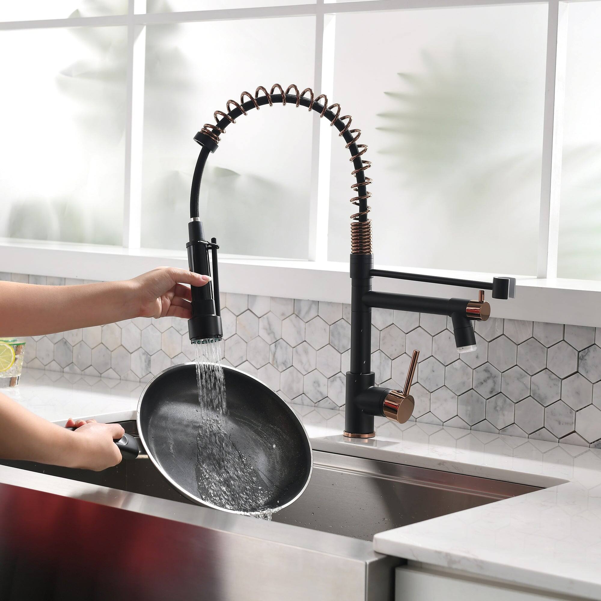 Alt View 4. Boyel Living - Matte Black Rose Gold Single Handle Pull Down Sprayer Kitchen Faucet with LED Light and Pot Filler - Matte Black Mix Rose Gold.