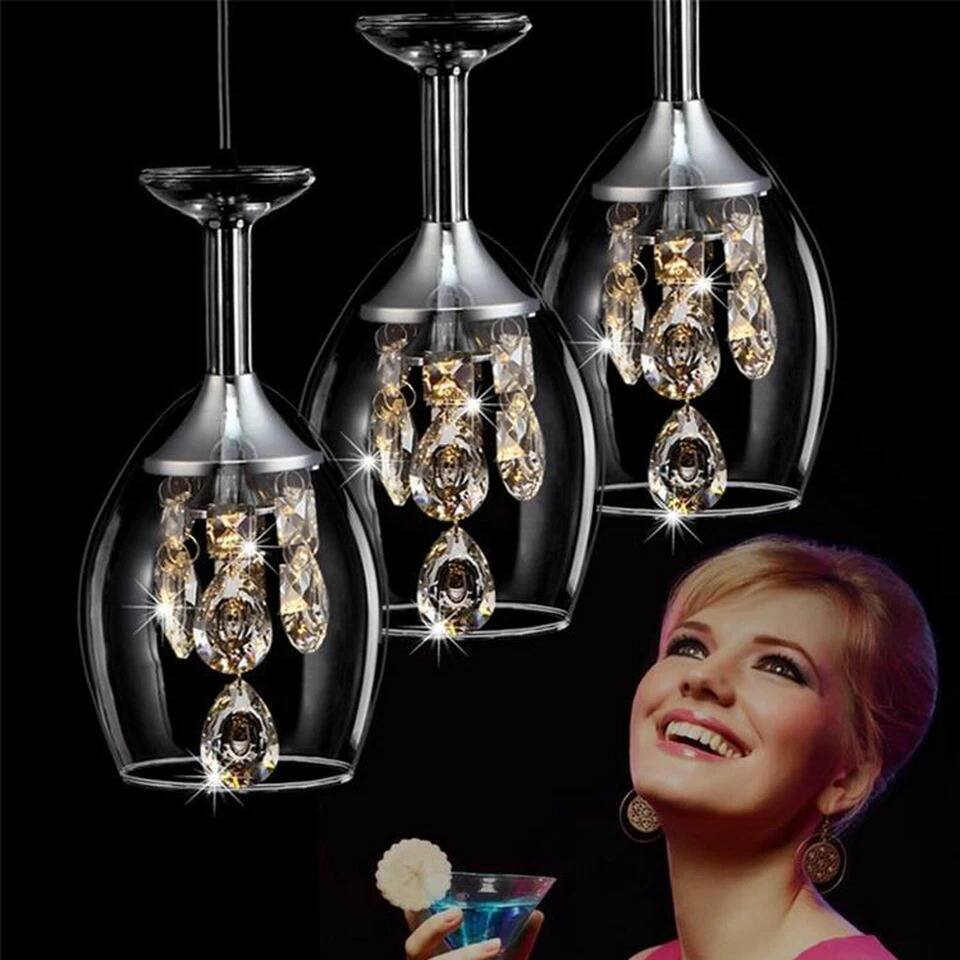 Back. Home Collection - Wine Glass Crystal Pendant Light Modern LED Dining Room Ceiling Chandelier.