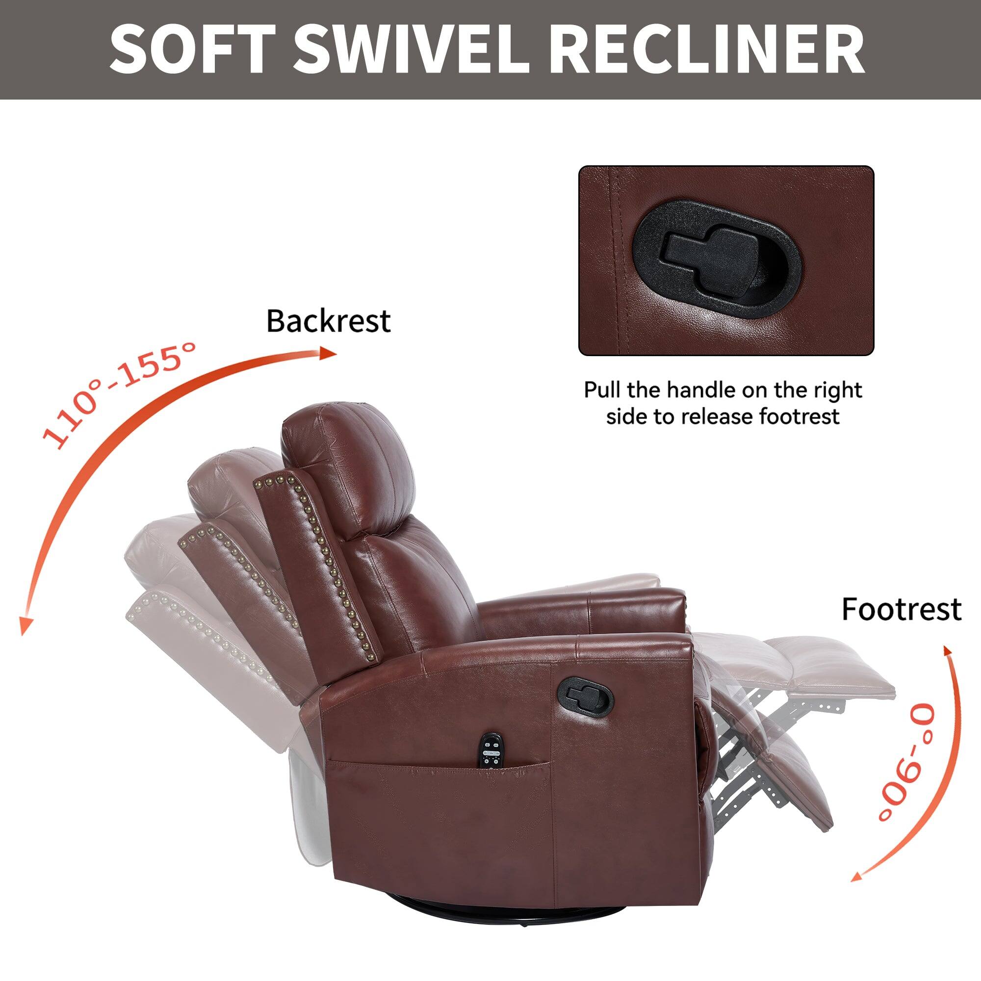 SOFT SWIVEL RECLINER

Backrest  
110°-155°

Footrest  
0°-90°

Pull the handle on the right side to release footrest