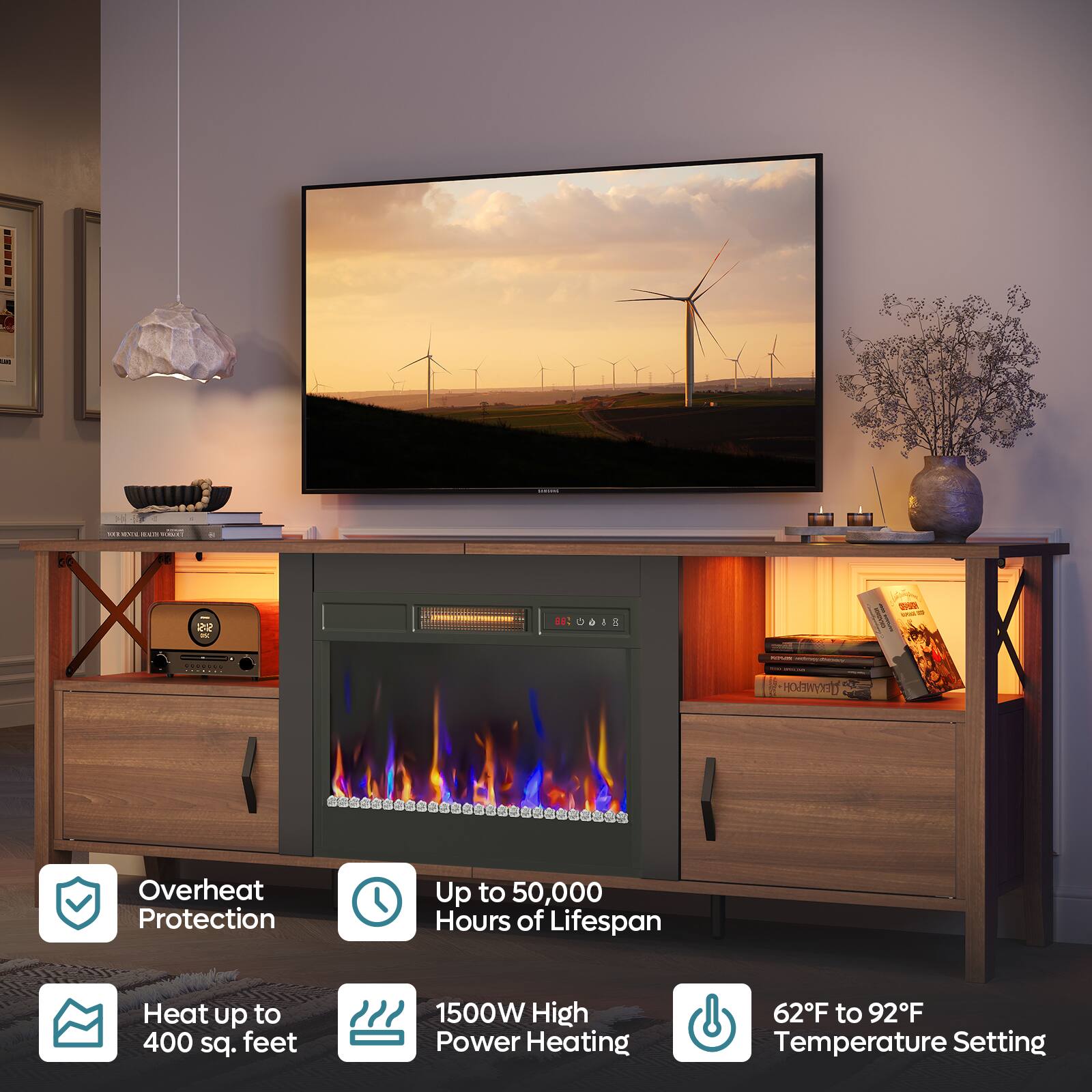 The image features a living room with a flat screen TV mounted on the wall. The room also has a fireplace, which is advertised as having overheat protection, up to 50,000 hours of lifespan, and the ability to heat up to 400 square feet. The fireplace is also equipped with a 1500W high power heating system and can be set to temperatures ranging from 62F to 92F.
