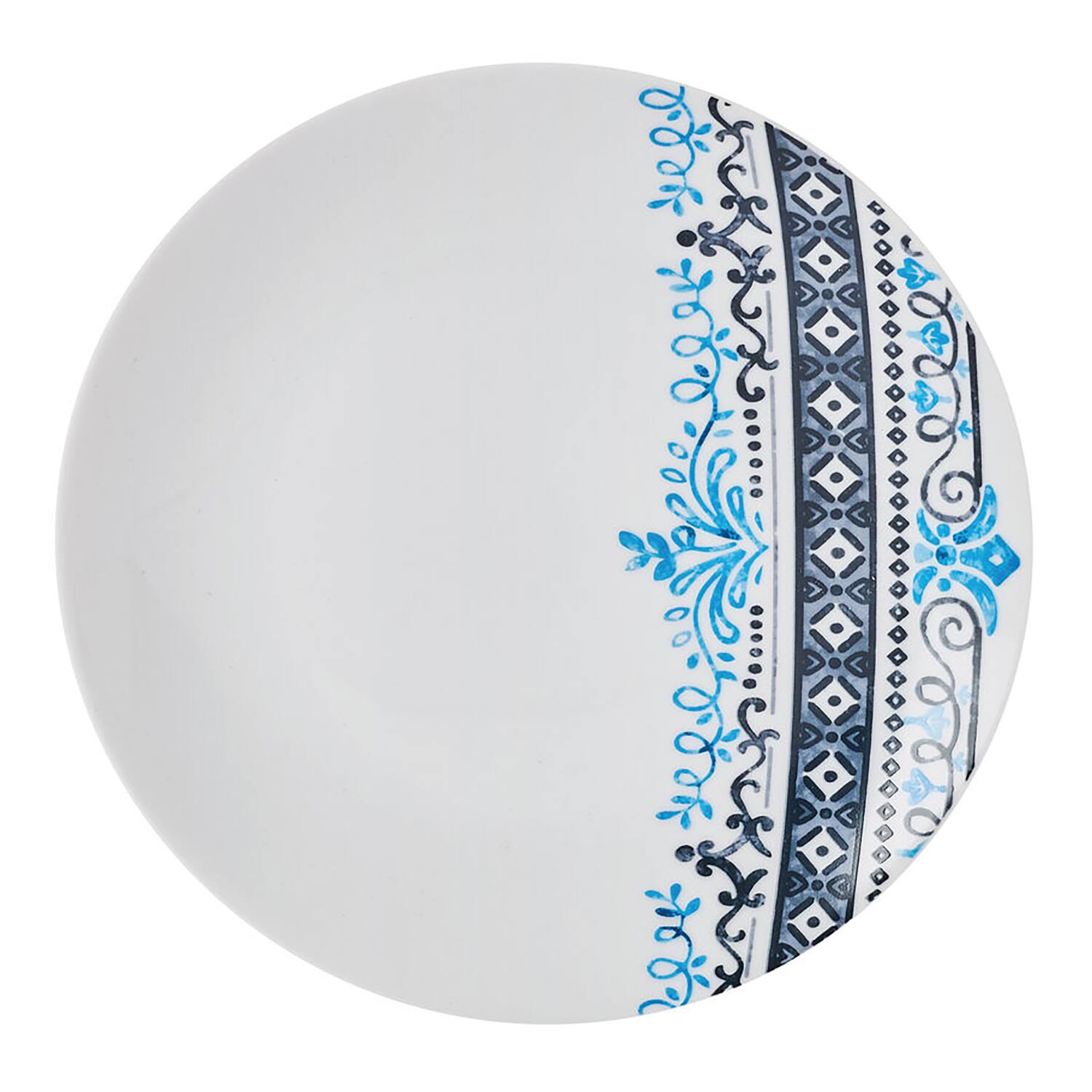 Back. Studio Nova - 12-Piece Porcelain Dinnerware Set Michele Pattern - White with Blue Vibrant Tones.