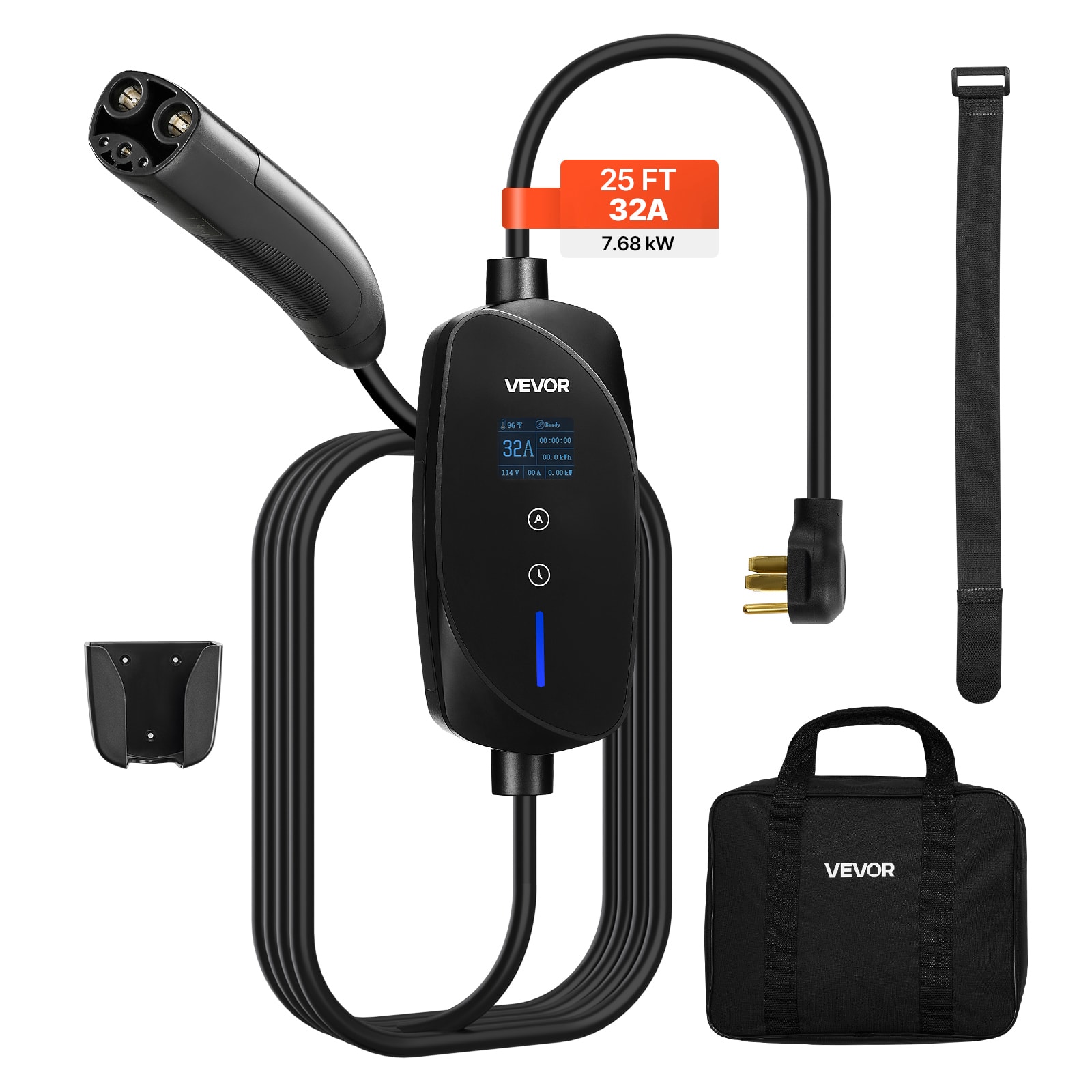 VEVOR - Level 2 Tesla Charger, 32 Amp Adjustable Current, 240V Portable Home Electric Car EV Charger with 25 ft Charging Cable - Black