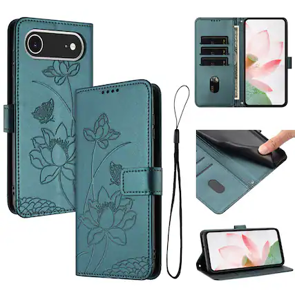 Front. Dteck - Shockproof Wallet Phone Case for Apple iPhone Air with Detachable Wrist Strap, Protective PU Leather Folio Stand Cover - Darkgreen.
