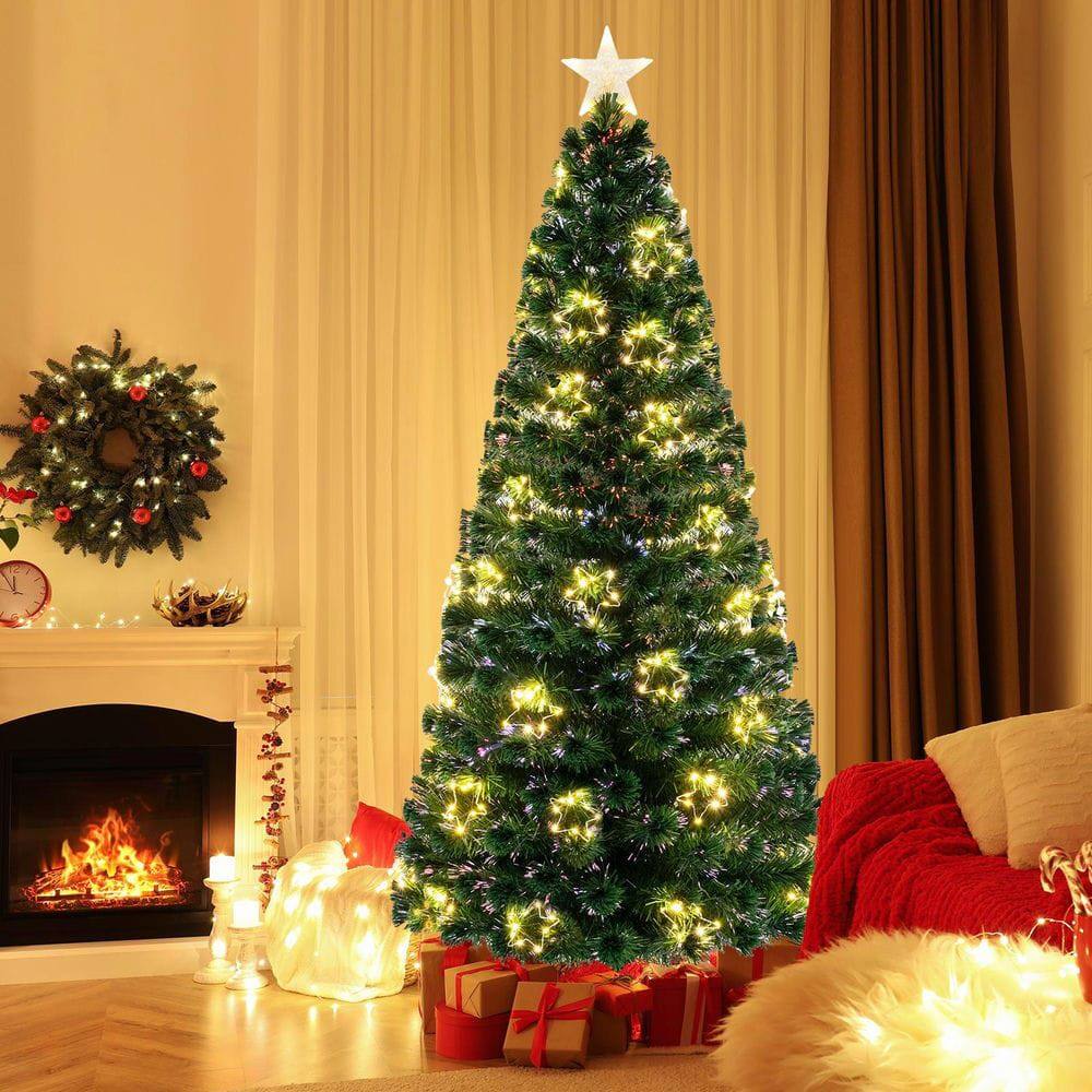 Back. Resenkos - Resenkos 7-Ft Pre-Lit Artificial Christmas Tree - Star Tree Topper, Green - Green.