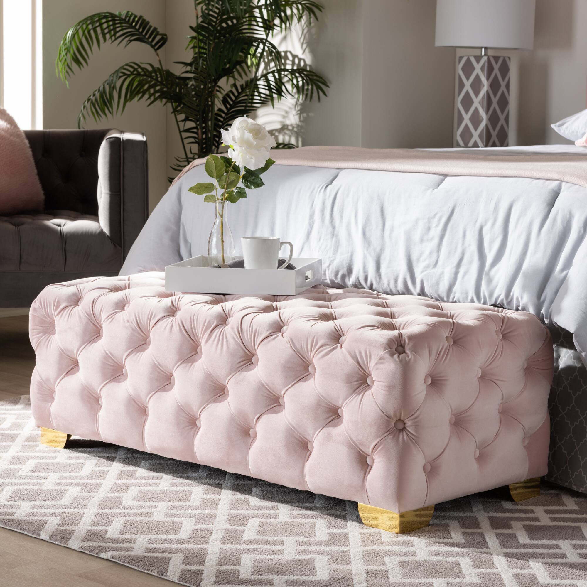 Alt View 2. Baxton Studio - Avara Glam and Luxe Velvet Fabric Upholstered Gold Finished Button Tufted Bench Ottoman - Light Pink/Gold.