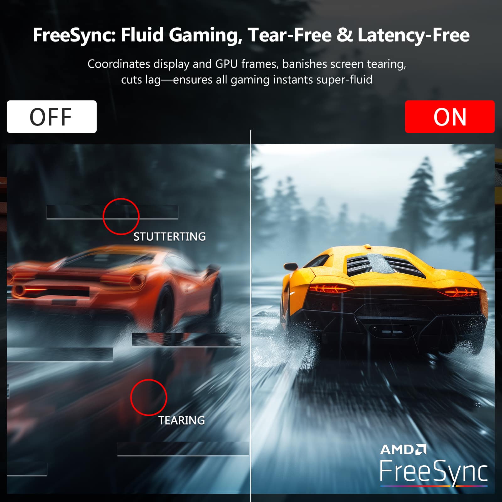 FreeSync: Fluid Gaming, Tear-Free & Latency-Free
Coordinates display and GPU frames, banishes screen tearing, cuts lag—ensures all gaming instants super-fluid
OFF ON
STUTTERING TEARING
AMD FreeSync