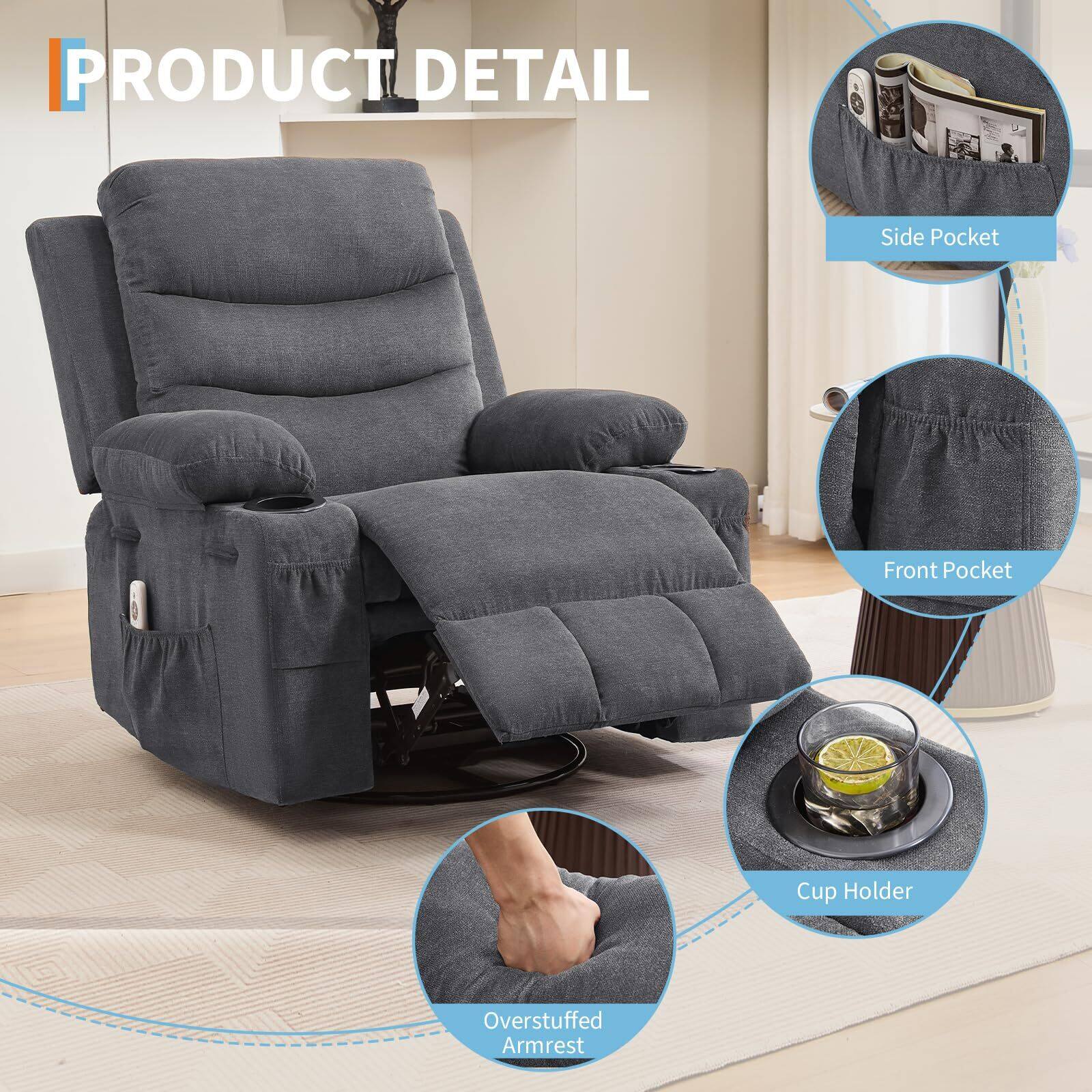 PRODUCT DETAIL

- Side Pocket
- Front Pocket
- Cup Holder
- Overstuffed Armrest