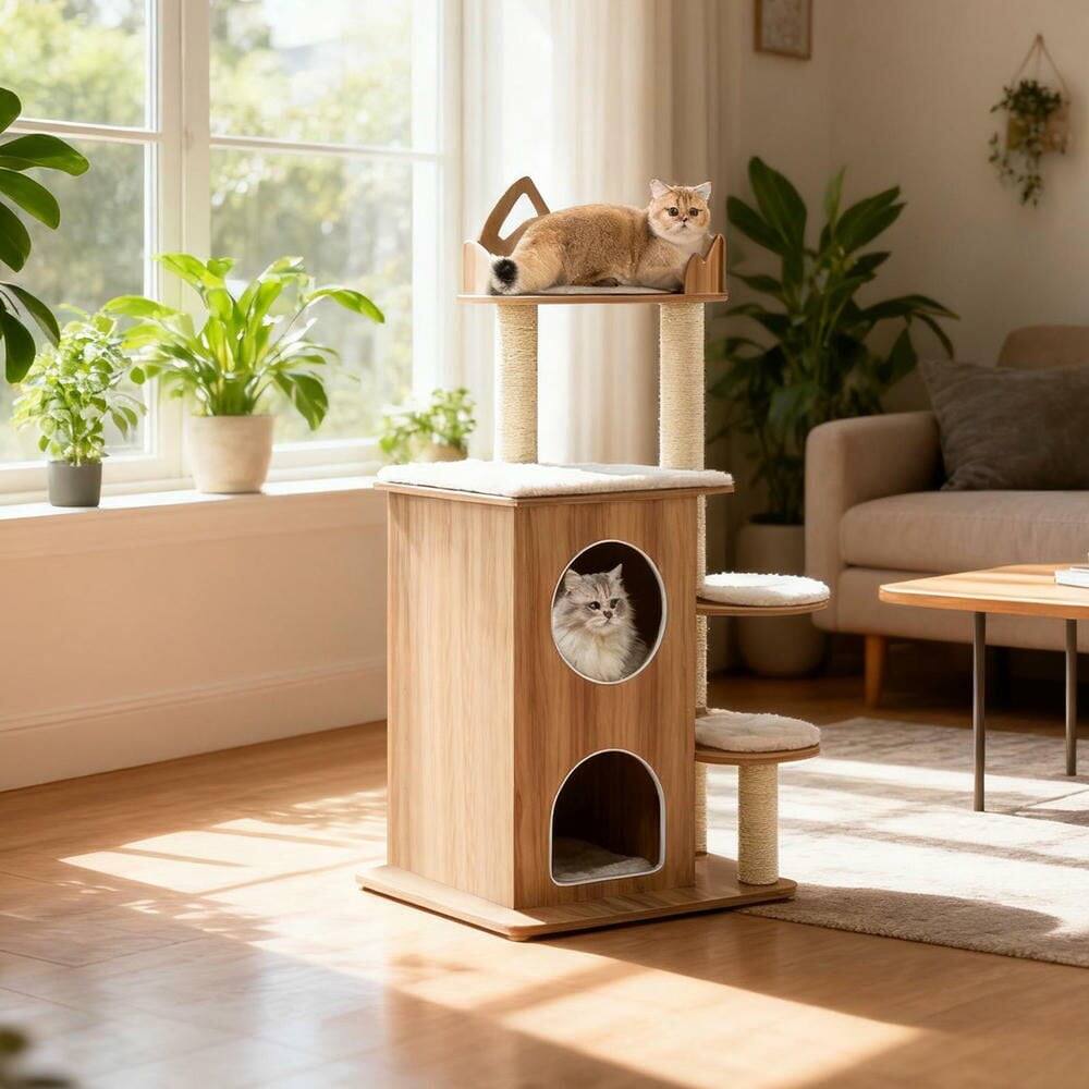 Angle. Kadyn - 48-Inch Wooden Cat Tree with Two-Story Condo and Washable Cushions, Natural - Brown.