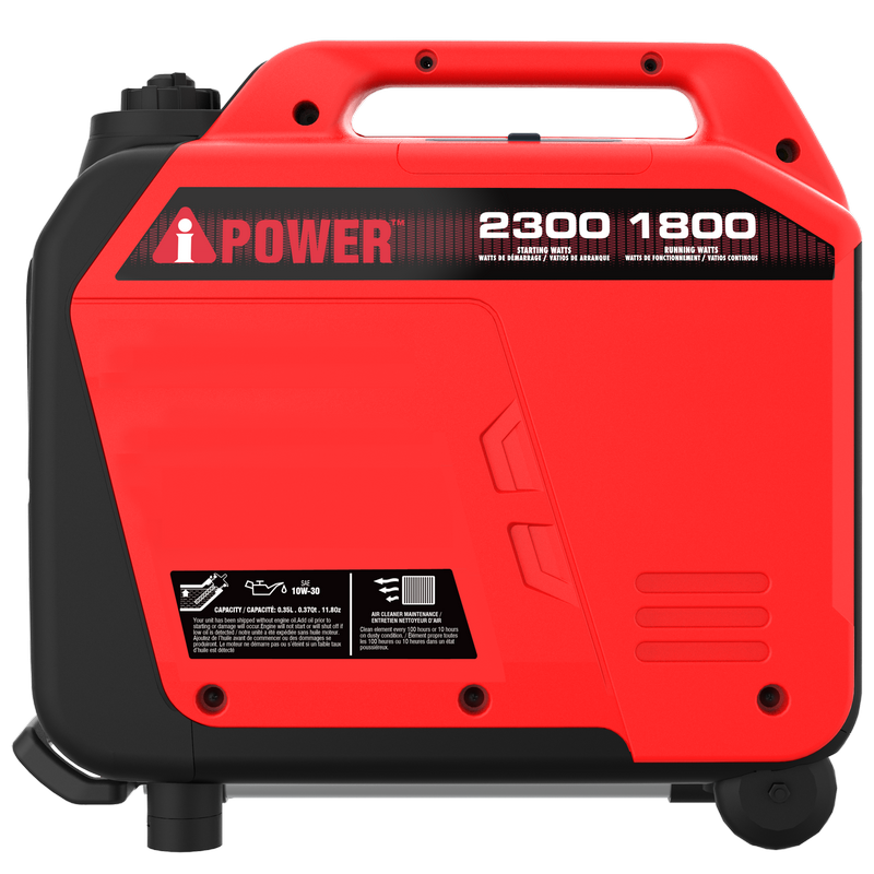 2300 1800 POWER  
STARTING WATTS: 2300  
RUNNING WATTS: 1800  
CAPACITY: 0.35L (0.370L) 1.140  
OIL: 10W-30  
AIR CLEANER MAINTENANCE:  
- Clean or replace air filter every 50 hours of use or as needed.  
- Check air filter for dirt and debris regularly.  
- Replace if damaged or dirty.