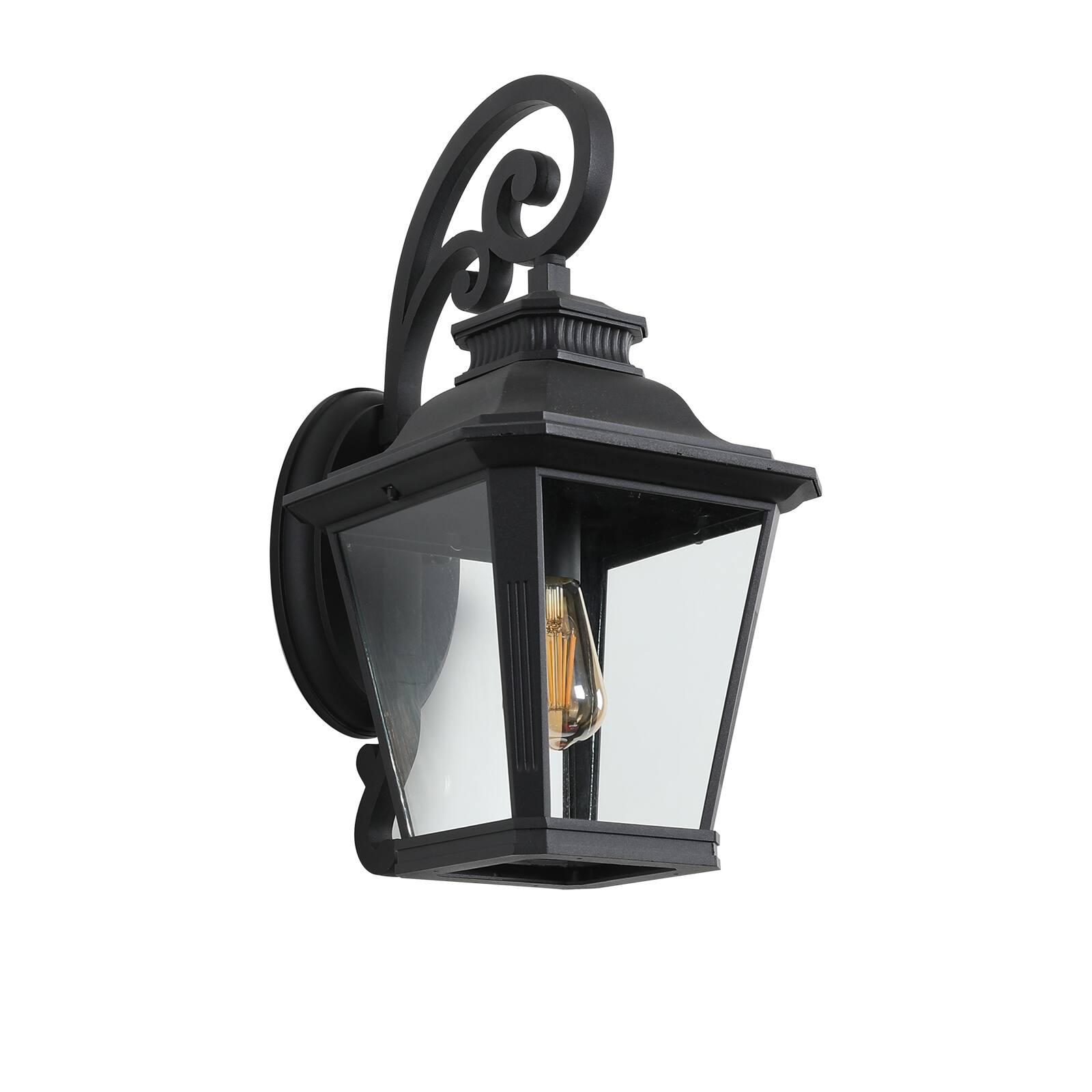 Front. Ecooso - 21" Outdoor Wall Lantern, Metal and Clear Glass Sconce with Decorative Scroll Design for Porch and Garden - Black.