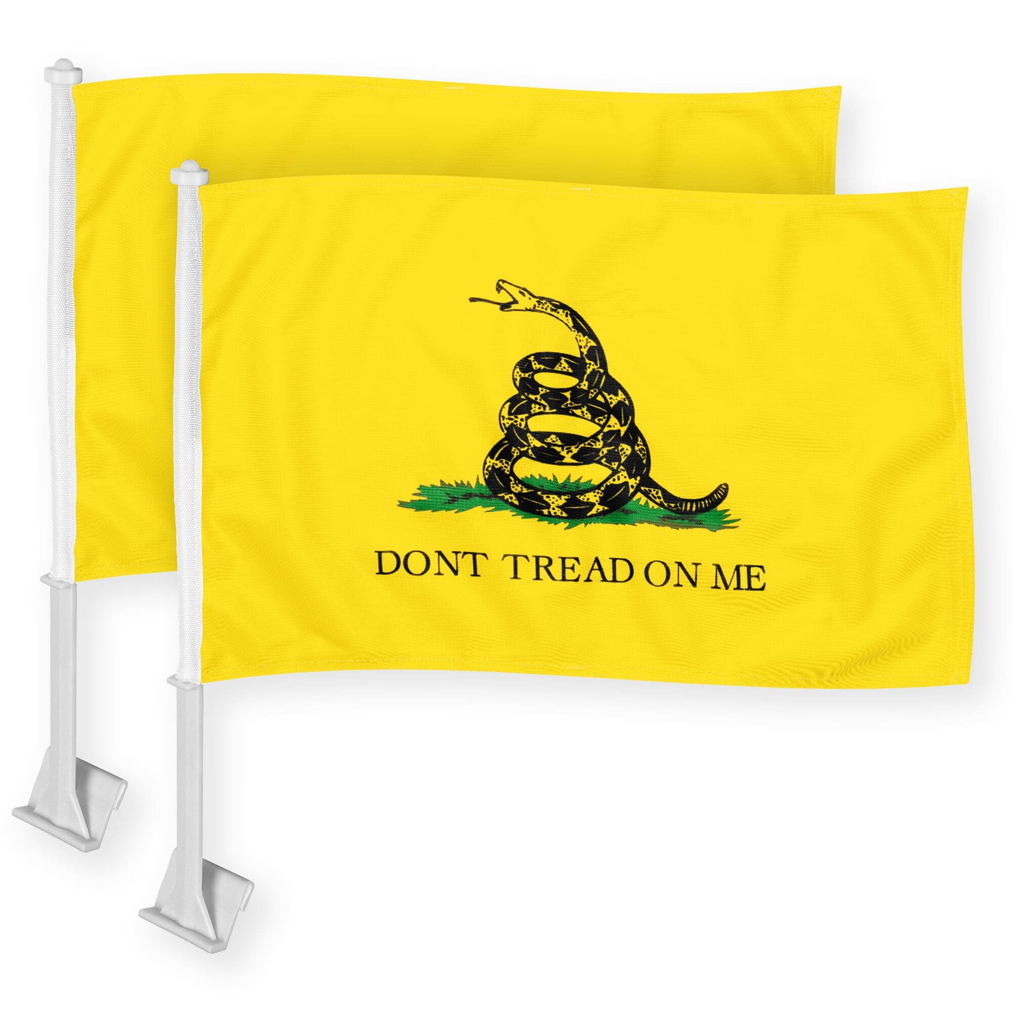 G128 - 2-Pack Gadsden Don't Tread On Me Car Flags, 11 x 17 in, Double-Sided 150D Polyester, Flagpole Included - Assorted Colors