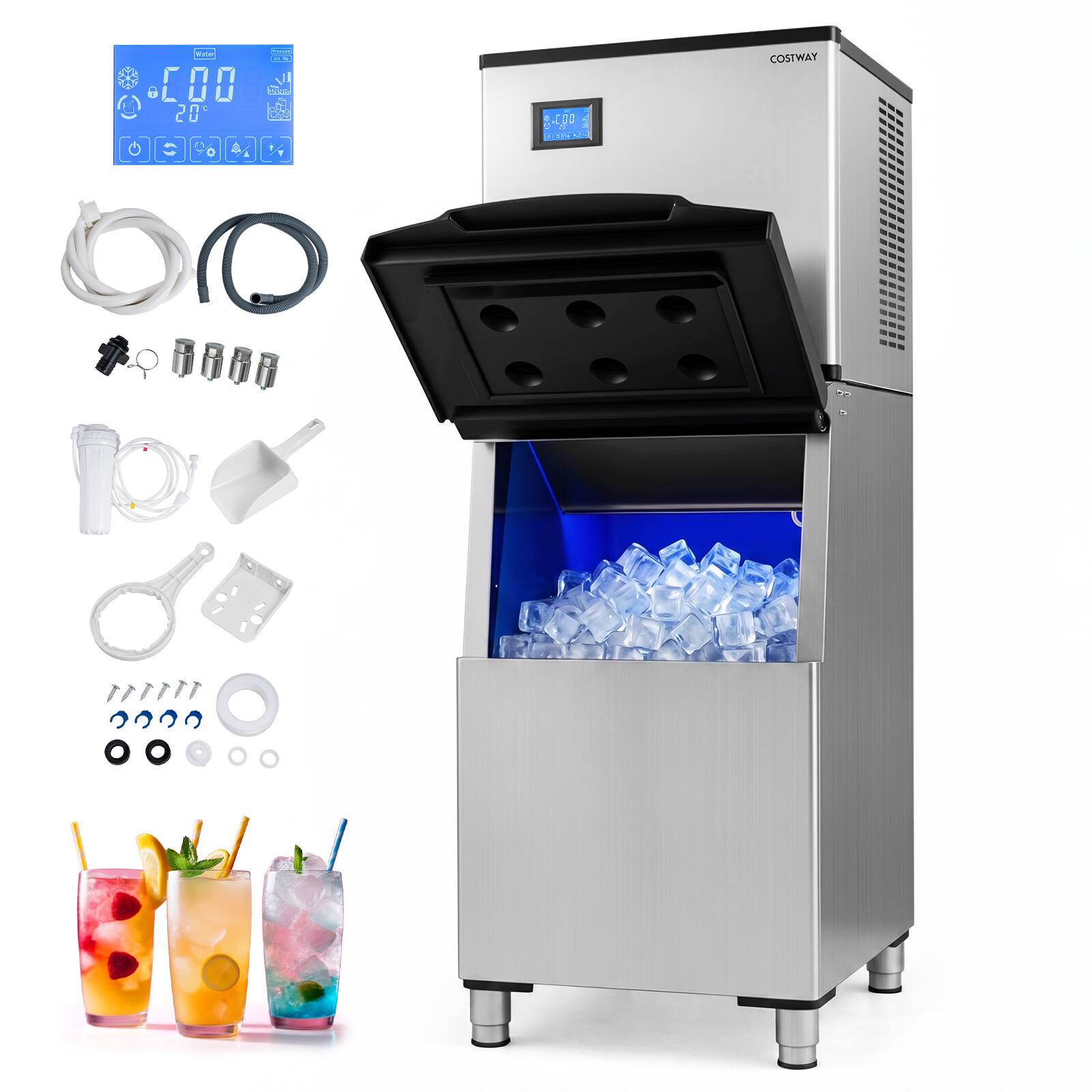 Costway - Commercial Ice Maker 450 lbs/24H Ice Machine with 250 lbs Storage Bin Self-cleaning - Silver + Black price history on PriceWatchPro