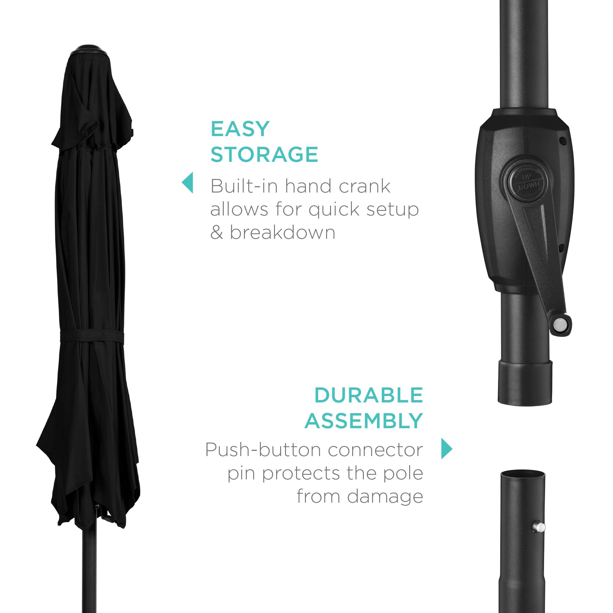 EASY STORAGE  
Built-in hand crank allows for quick setup & breakdown  

DURABLE ASSEMBLY  
Push-button connector pin protects the pole from damage