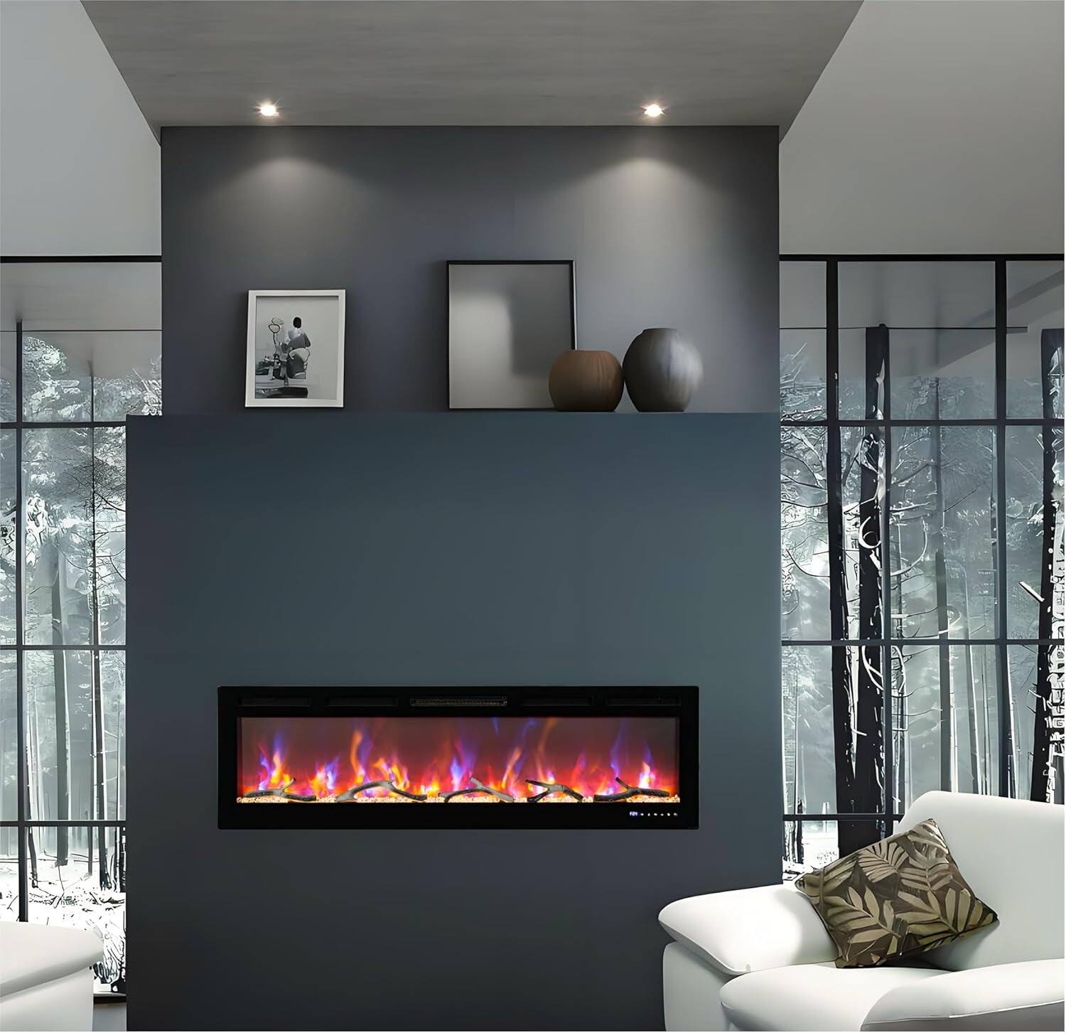 Angle. Qeetex - 50" Built-in Electric Fireplace, Voice Control & Remote, 12 Flame Colors, Low Noise, Energy Efficient - Black.