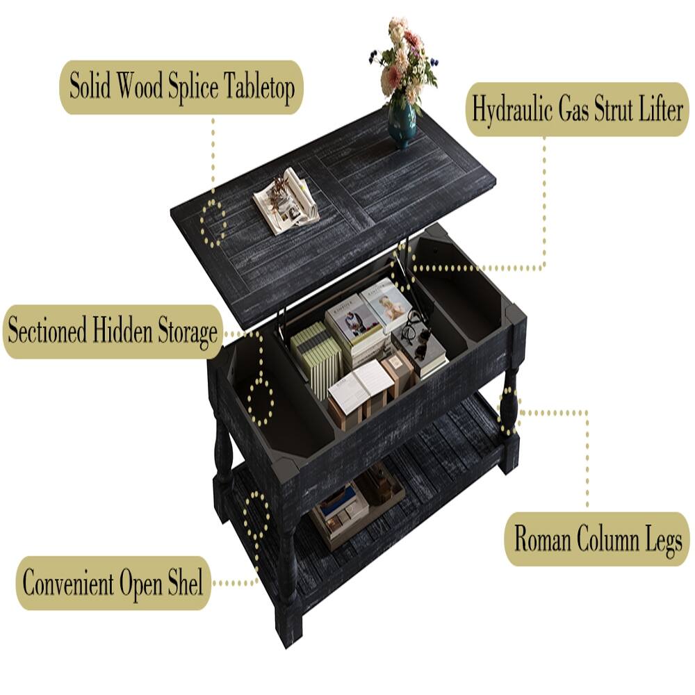 Solid Wood Splice Tabletop  
Hydraulic Gas Strut Lifter  
Sectioned Hidden Storage  
Convenient Open Shel  
Roman Column Legs