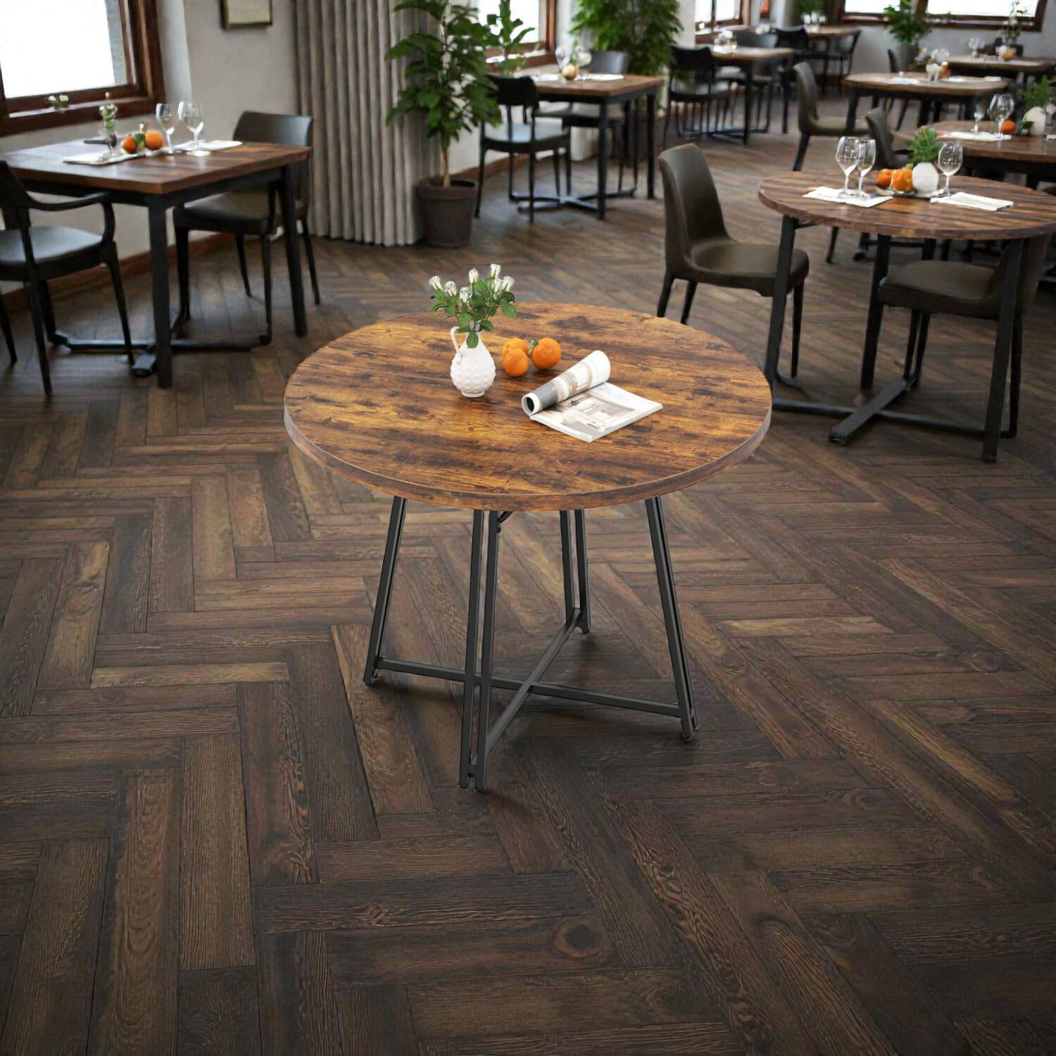 Hivvago - Cross Base Round Dining Table, 47 Inches, Ideal for 4-6 Guests - Rustic Brown