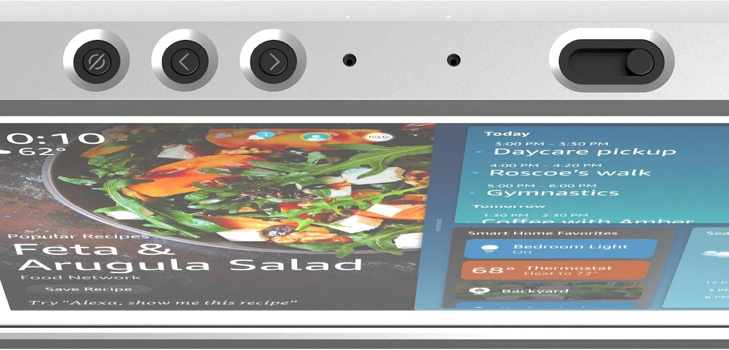 Sure, here is the corrected and grouped text:

---

**0:10**  
**62°**

**Popular Recipes**  
**Feta & Arugula Salad**  
Food Network  
Save Recipe  
Try "Alexa, show me this recipe"

---

**Today**  
3:00 PM - 3:30 PM  
Daycare pickup  
4:00 PM - 4:20 PM  
Roscoe's walk  
5:00 PM - 6:00 PM  
Gymnastics  

**Tomorrow**  
1:30 PM - 2:30 PM  
Caffee with Amber  

**Smart Home Favorites**  
Bedroom Light On  
Thermostat 68° Heat to 72°  
Backyard  

---

**12 PM**  
**PE**  
**PN**