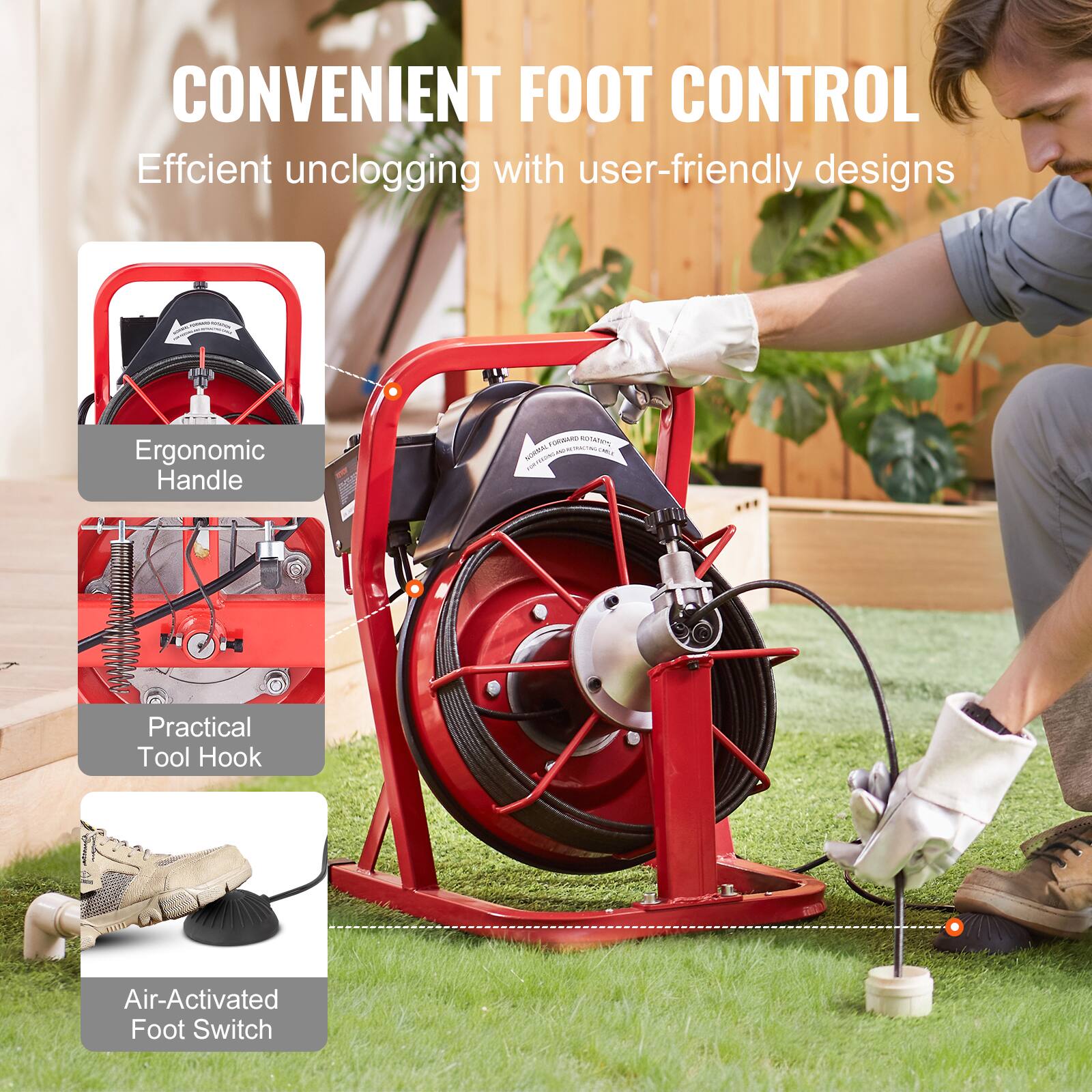 CONVENIENT FOOT CONTROL
Efficient unclogging with user-friendly designs
Ergonomic Handle
Practical Tool Hook
Air-Activated Foot Switch