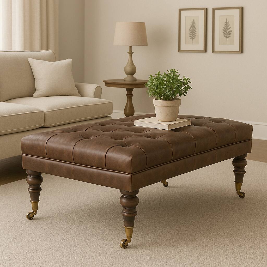 Angle. Artisan Furniture - Artisan Furniture Solid Wood Buffalo Leather Ottoman, Upholstered, Brown - Brown.