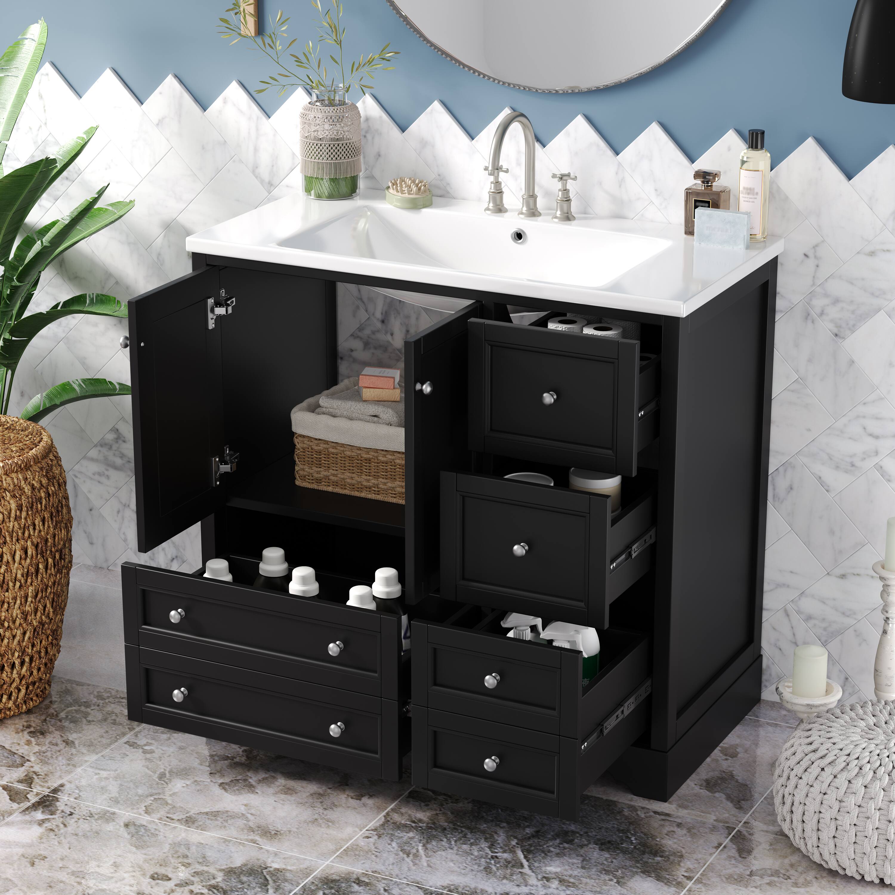 Back. Tiramisubest - 36inch Bathroom Vanity with Sink,Solid Wood Freestanding Bathroom Vanities with 4 Storage Drawers and Shelf - Black.