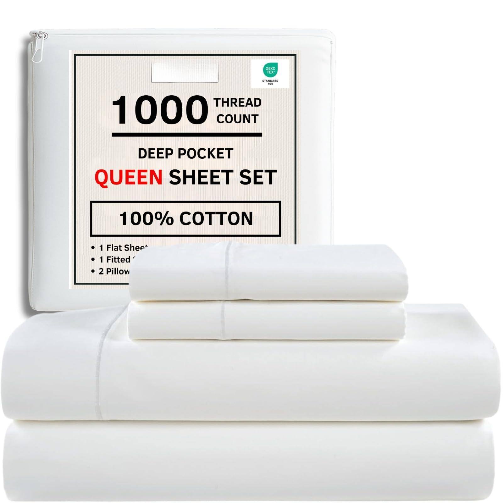 1000 THREAD COUNT  
DEEP POCKET QUEEN SHEET SET  
100% COTTON  
- 1 Flat Sheet  
- 1 Fitted Sheet  
- 2 Pillowcases