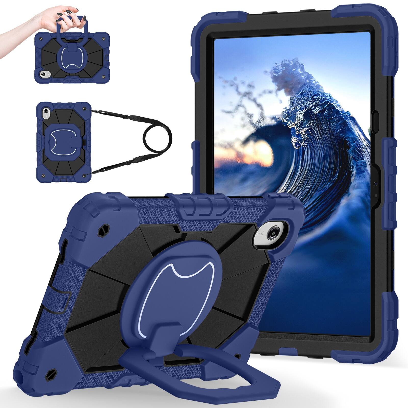 Angle. UUCOVER - Shockproof Case for Lenovo Idea Tab 11 inch (TB336) 2025 /K11 Gen 2 360° Rotating Stand Hand Grip Cover+Shoulder Strap - Navy+Black.