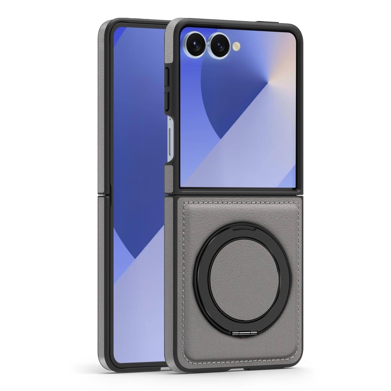 Angle. Dteck - Leather Case for Samsung Galaxy Z Flip 8,Shockproof Compatible with Mag Safe 360 Rotation Ring Kickstand Cover - Gray.