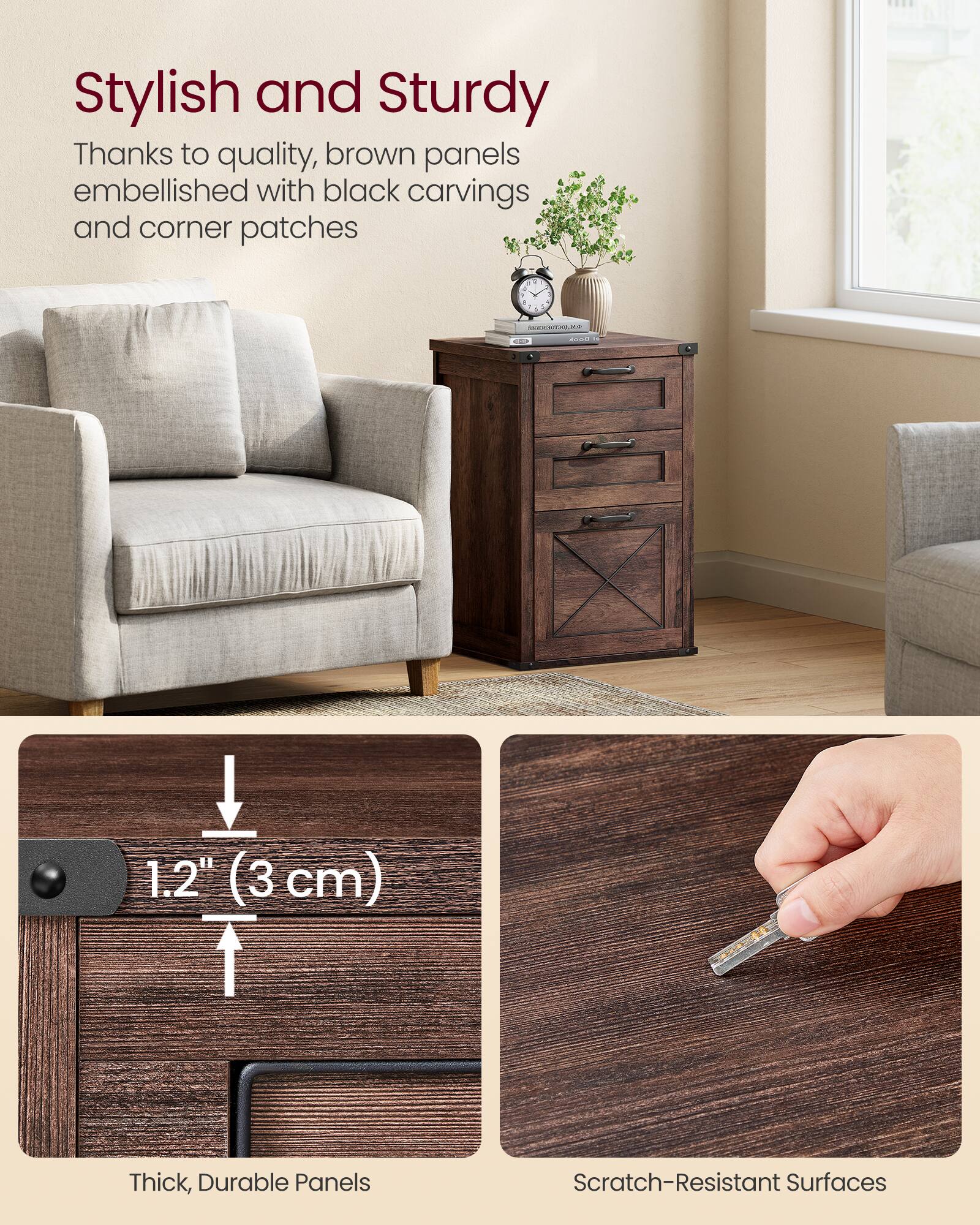 Stylish and Sturdy

Thanks to quality, brown panels embellished with black carvings and corner patches

1.2" (3 cm) Thick, Durable Panels

Scratch-Resistant Surfaces