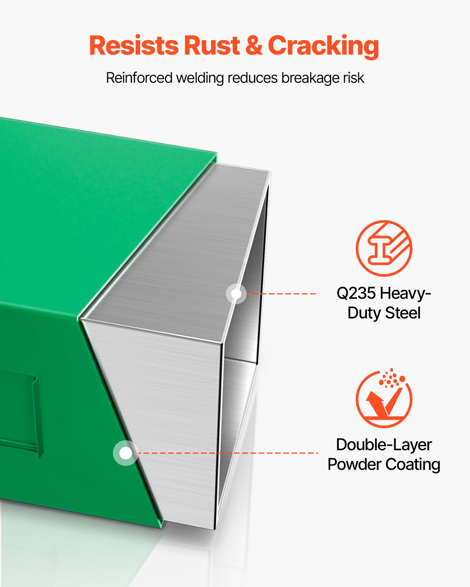 Resists Rust & Cracking  
Reinforced welding reduces breakage risk  

Q235 Heavy-Duty Steel  
Double-Layer Powder Coating