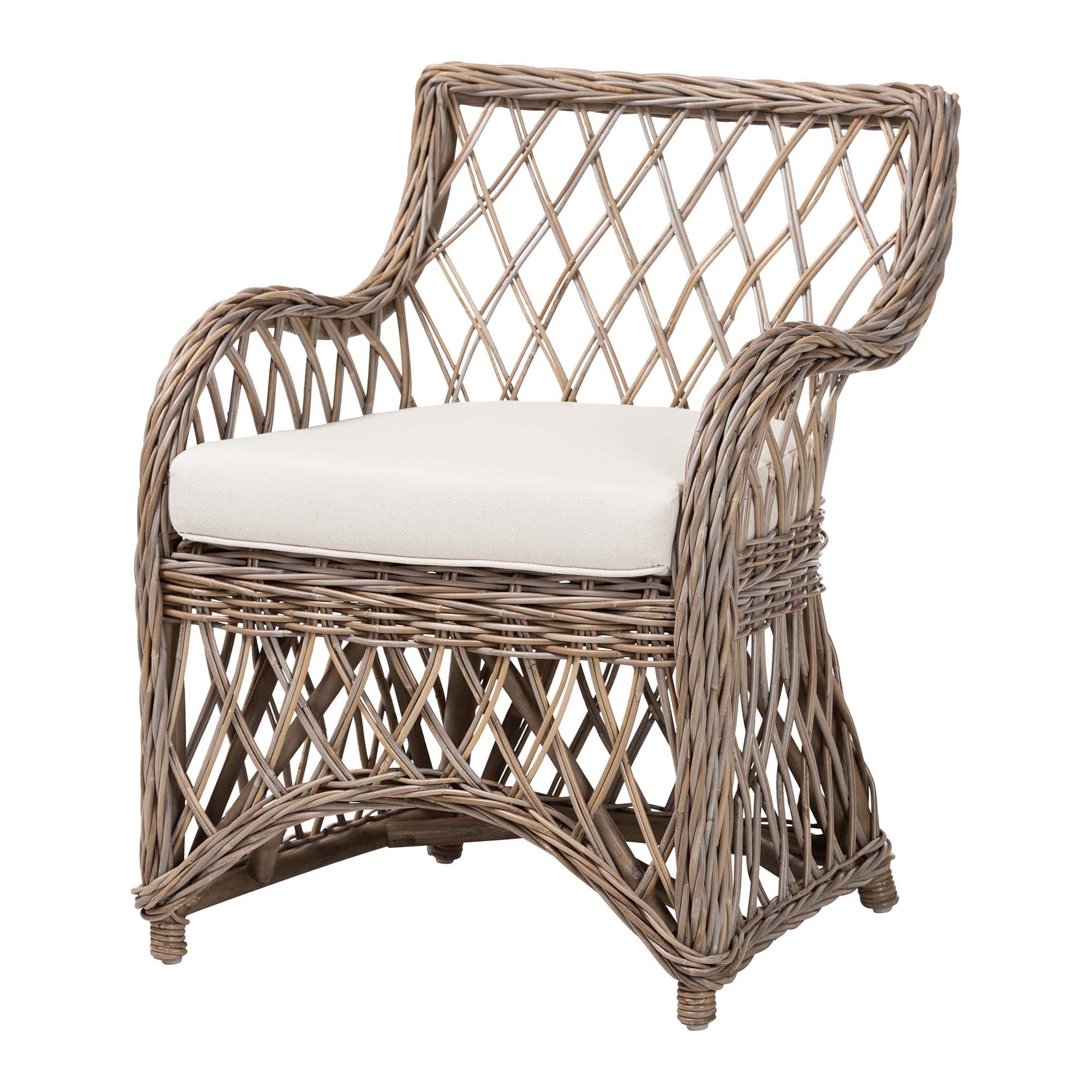 bali & pari - Debra Natural Rattan Armchair – Handwoven Open-Weave Wicker Armchair with Curved Silhouette & Removable Cushion - Kubu Grey