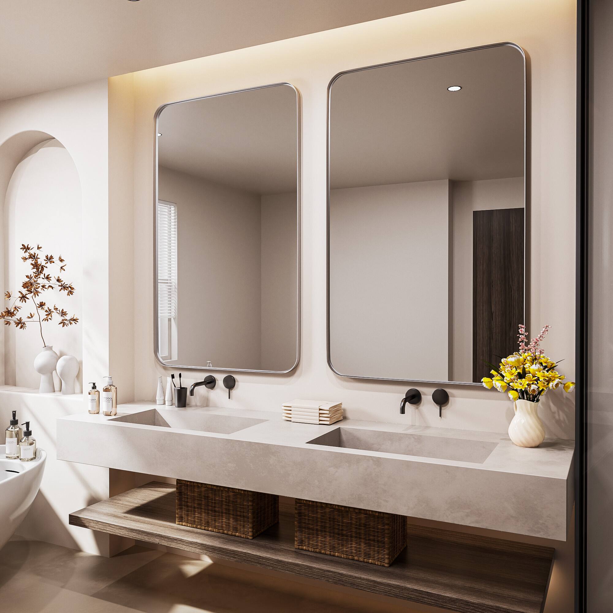 Alt View 12. LOVMOR - Tempered Glass Rounded Rectangle Framed Wall-Mounted Bathroom Vanity Mirror - 48" x 32" - Silver.