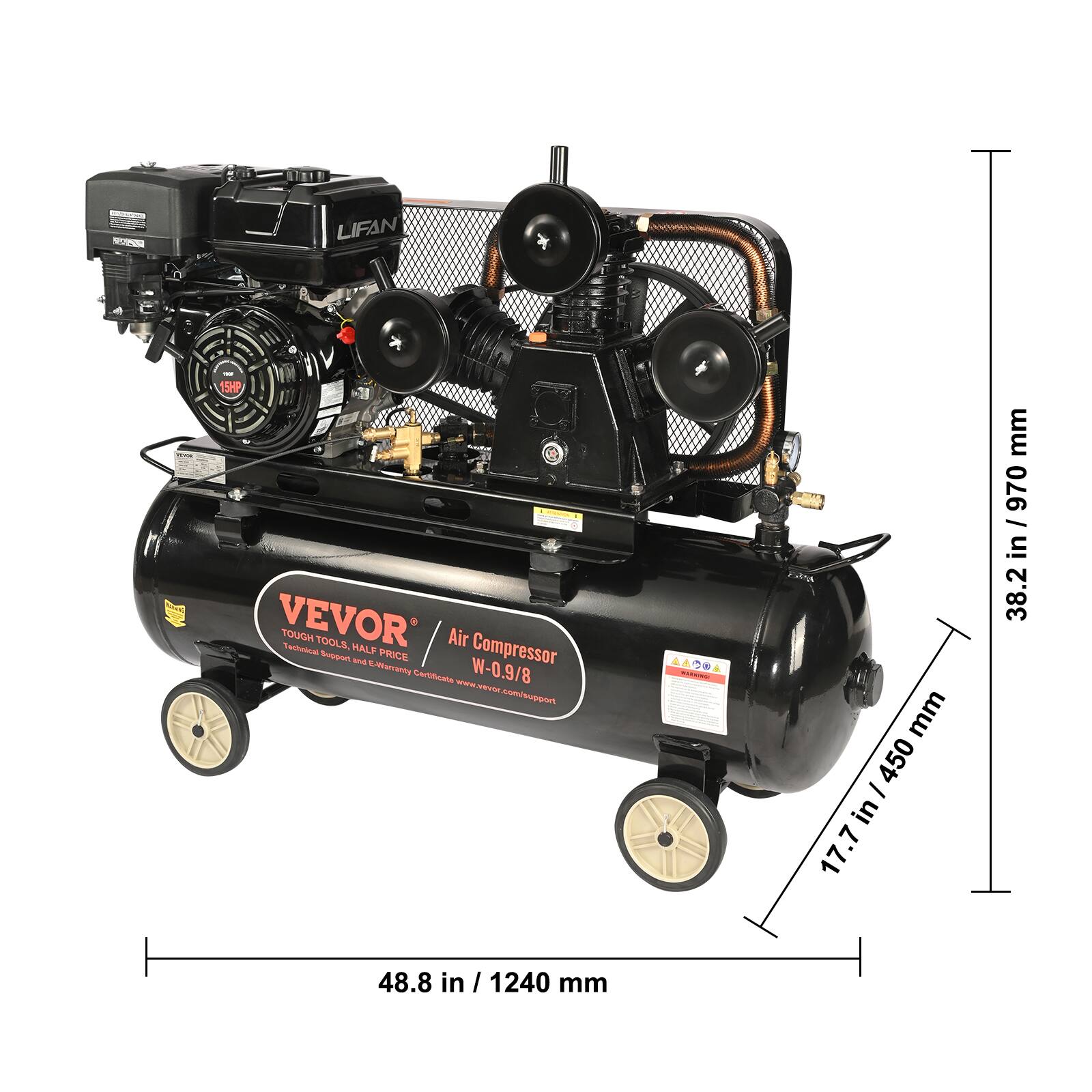 MP LIFAN 15HP VEVOR TOUGH TOOLS, HALF PRICE Air Compressor Span - PRICE Eifferranty Certificate W-0.9/8

- 48.8 in / 1240 mm
- 38.2 in / 970 mm
- 17.7 in / 450 mm
- 48.8 in / 1240 mm