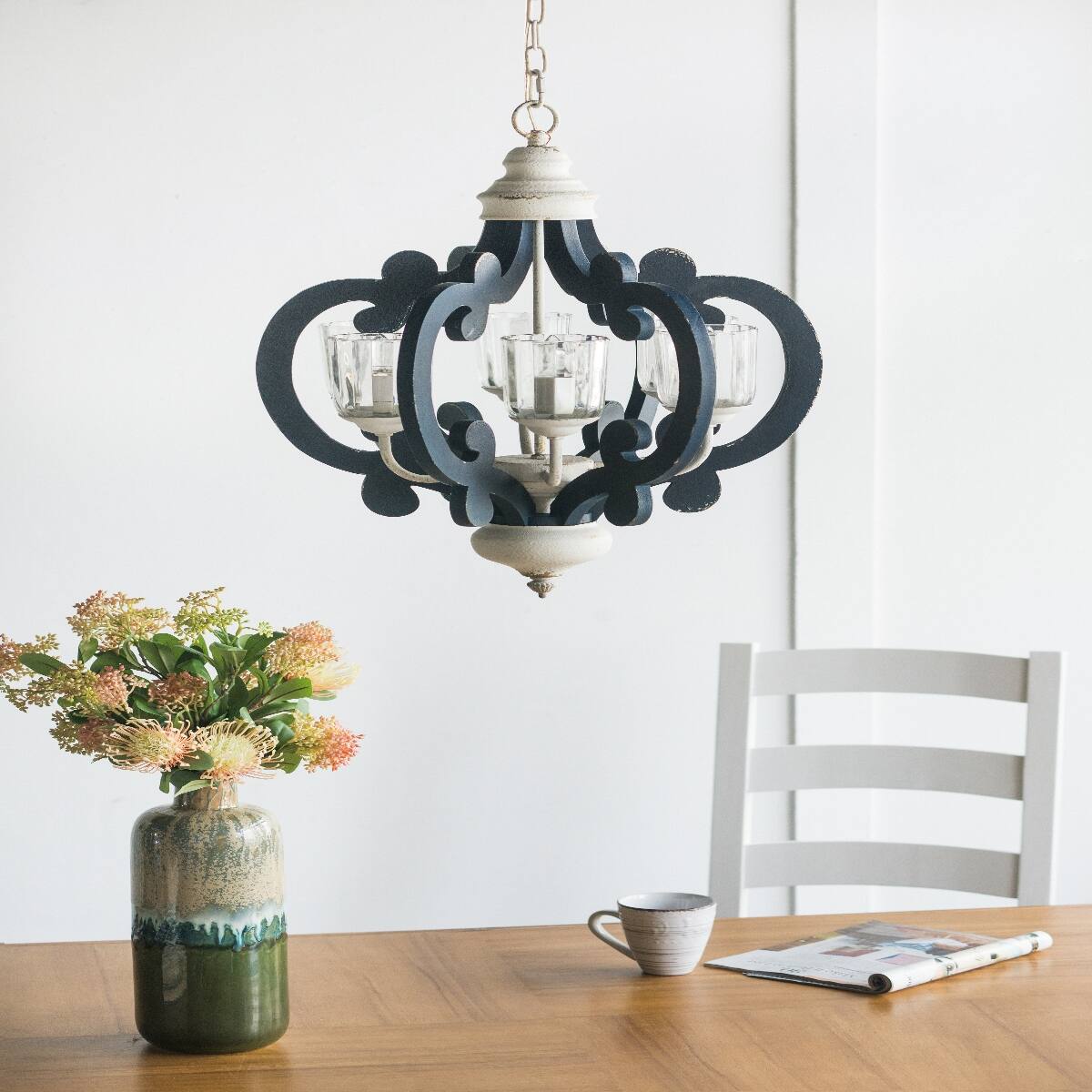 Alt View 2. Loheer - Loheer 6 Light Wood Chandelier Blue and White Farmhouse Pendant for Dining Room.