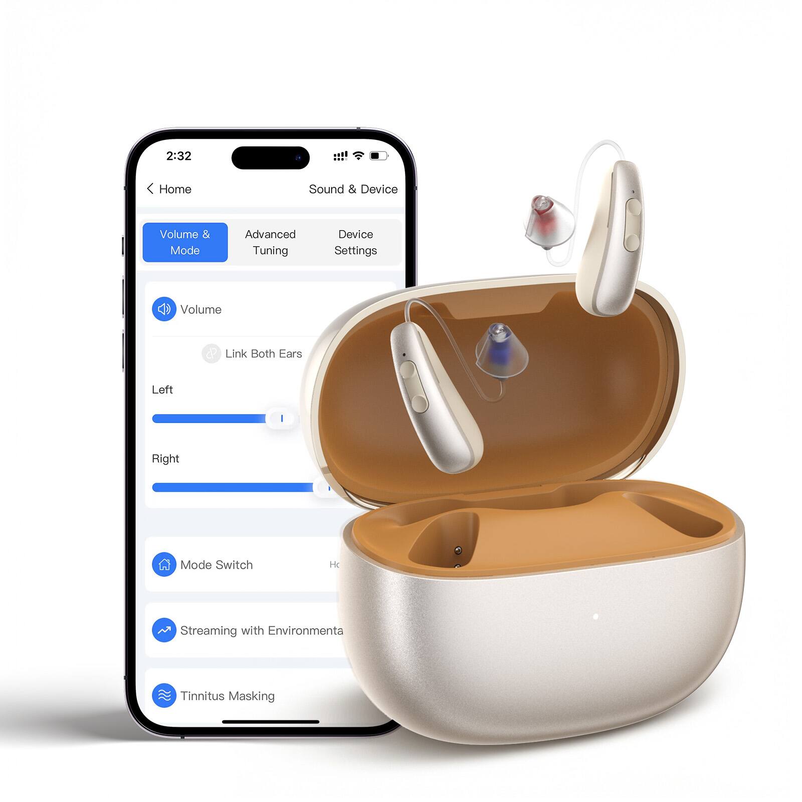 2:32 Home Sound & Device Volume & Mode Advanced Tuning Device Settings Volume Link Both Ears Left I Right Mode Switch H Streaming with Environmenta Tinnitus Masking