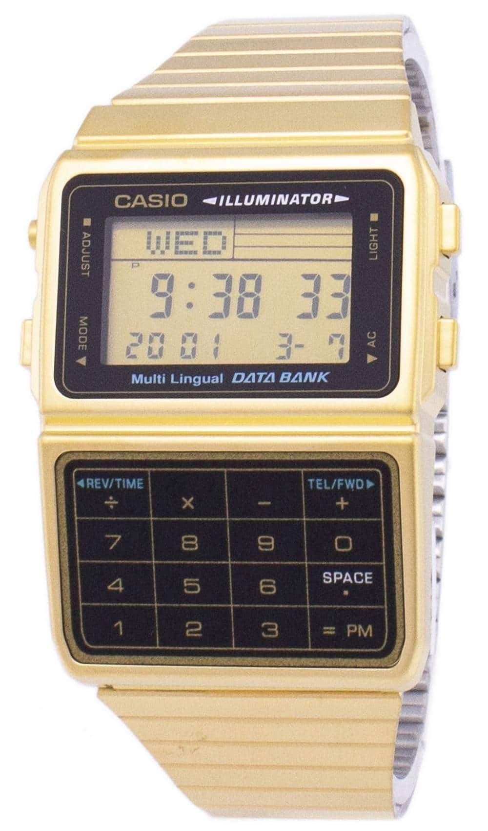 Casio - Illuminator Multi Lingual Data Bank DBC-611G-1DF Mens Watch 8-Digit Calculator Dual Time Stainless Steel - Gold
