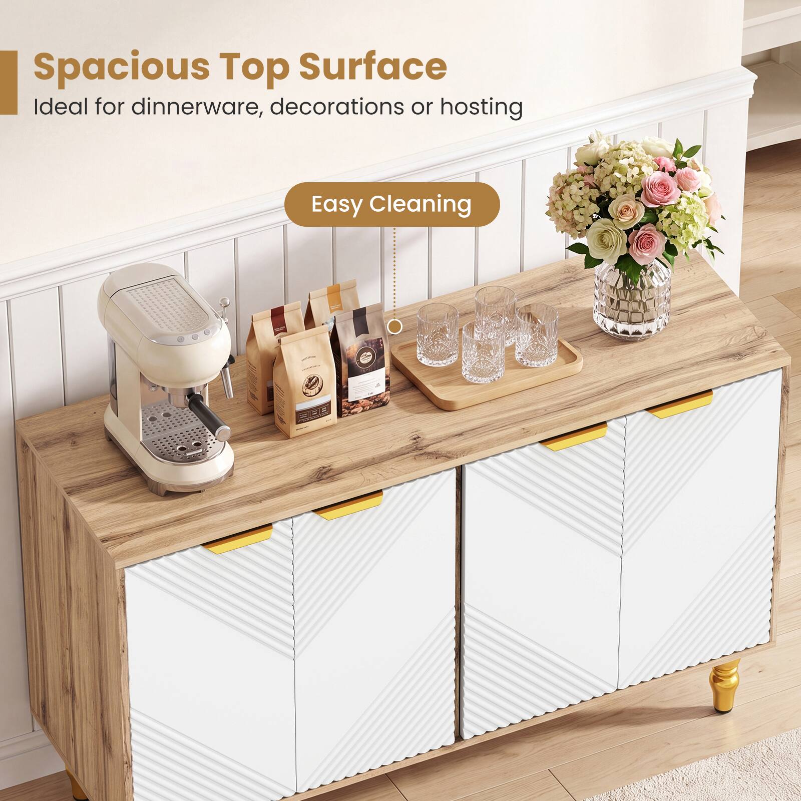 Spacious Top Surface  
Ideal for dinnerware, decorations or hosting  

Easy Cleaning