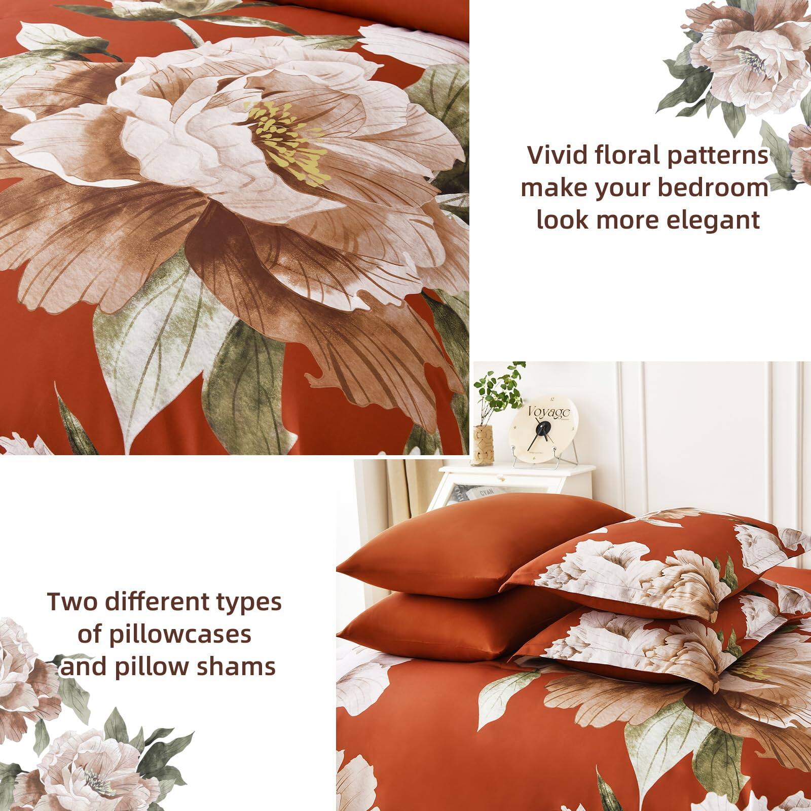 Vivid floral patterns make your bedroom look more elegant.

Two different types of pillowcases and pillow shams.