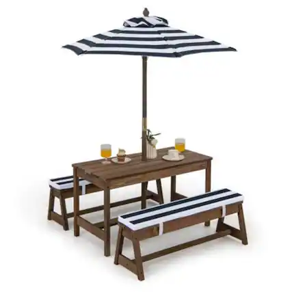 Front. Hivvago - Kids Outdoor Wooden Picnic Table Bench Chairs Cushions Umbrella Set Navy/White - Navy, White, Brown.