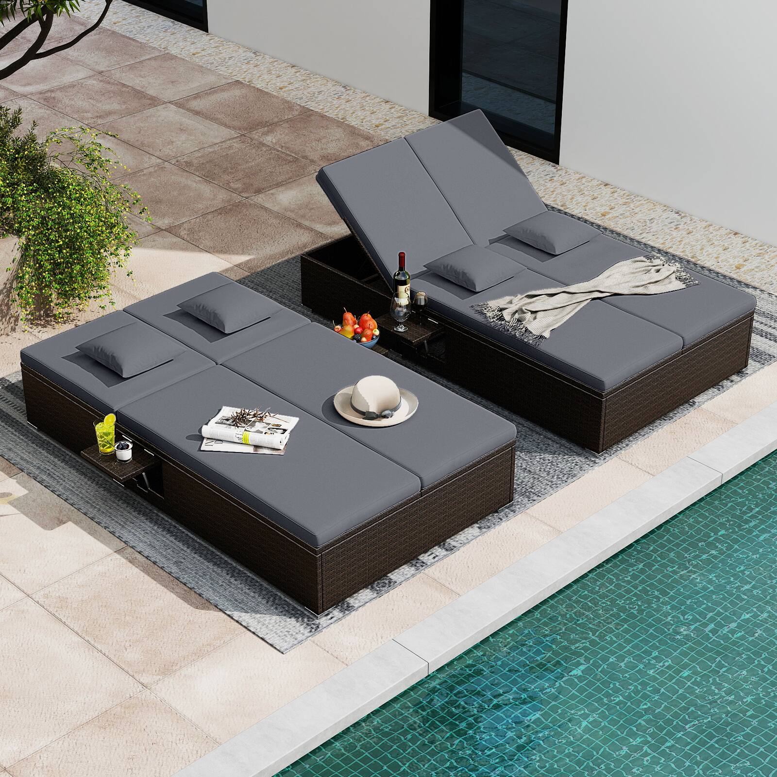 Alt View 9. Gymax - Gymax Patio Daybed PE Wicker Double Chaise Lounge w/ Adjustable Backrests Outdoor Gray - Grey.