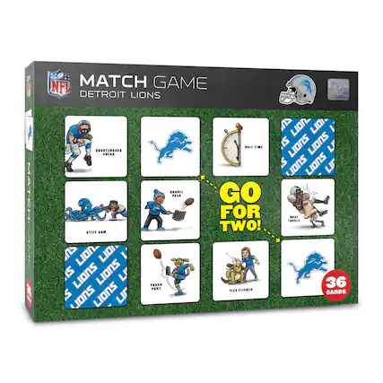 MATCH GAME
NFL
DETROIT LIONS
QUARTERBACK SNEAK
STIFF ARM
PASS
POGCH PUNT
FLEA FLICKER
HALF TIME
GO FOR TWO!
NOSE TACKLE
36 CARDS