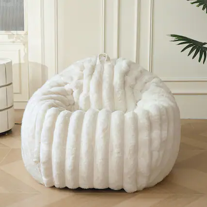 Front. JETRANSPORT - Fluffy Faux Rabbit Bean Bag Chair Cover(no Filler) Luxury Plush Shaggy Striped Stuffed Animal Storage - Beige Large(38"x38"x40").