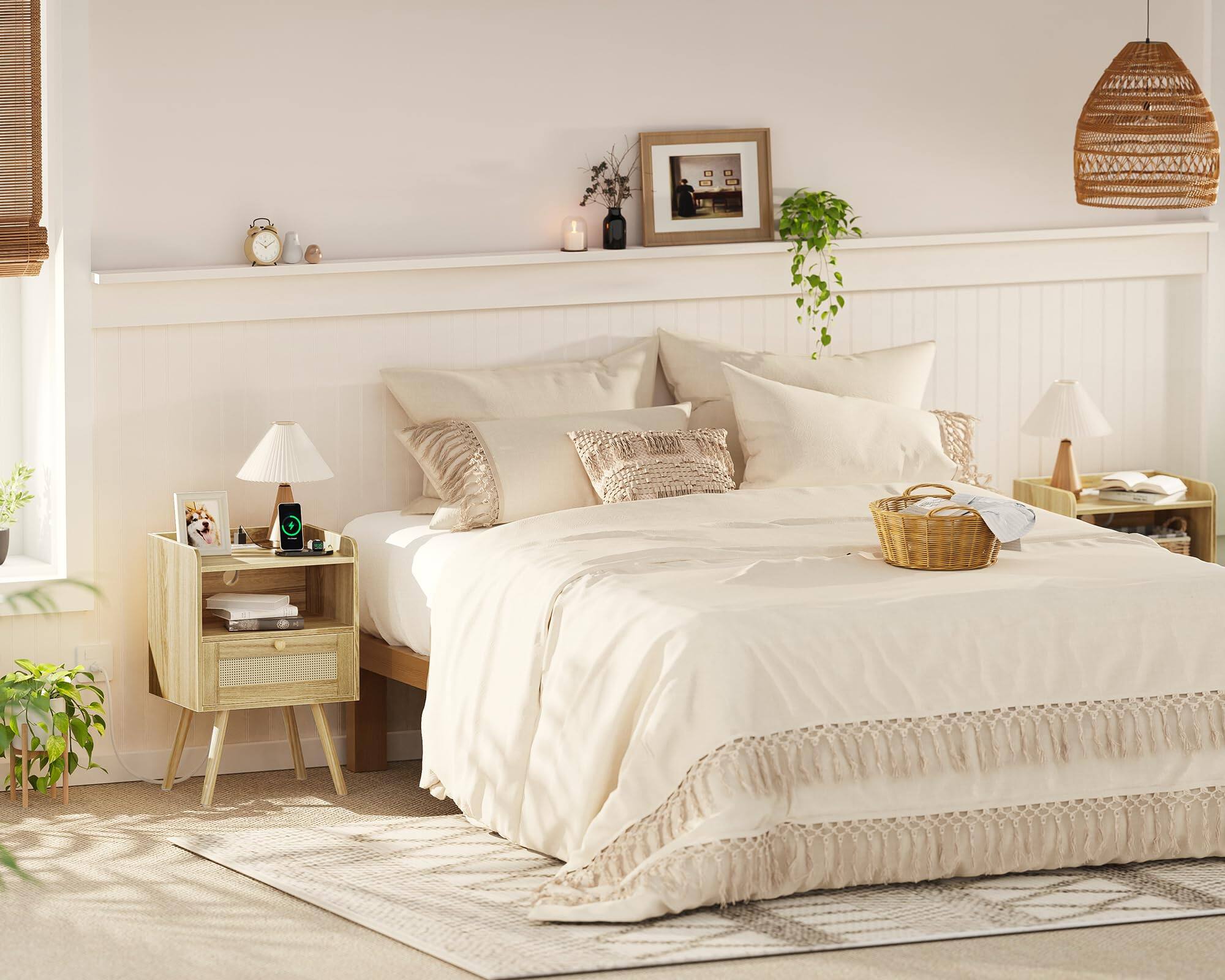 Alt View 6. PO3TICJUNKI3 - Nightstands Set Of 2 Night Stands With Charging Station & Pe Rattan Decor Drawer Bed Side Tables Solid Wood... - Natural.