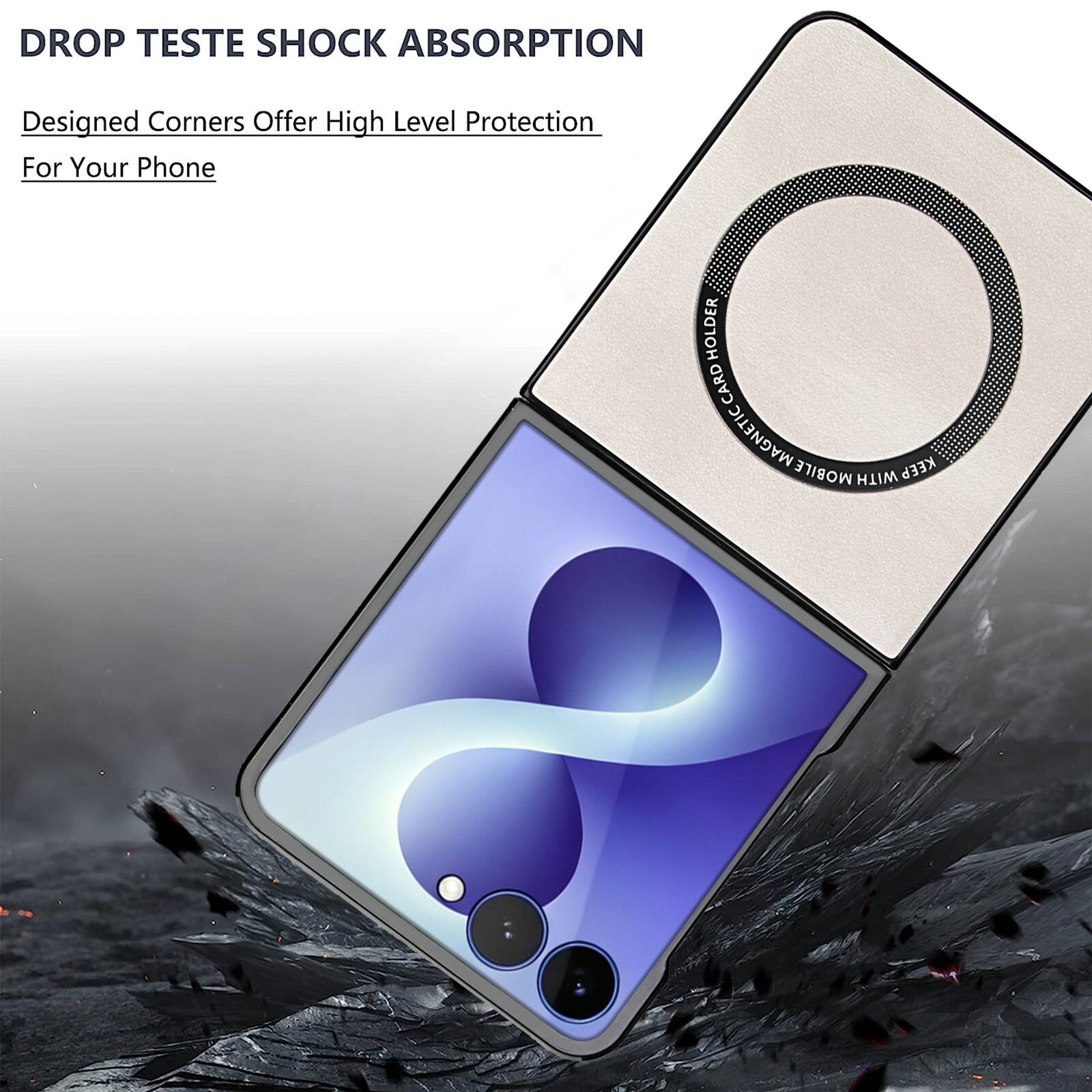 DROP TESTE SHOCK ABSORPTION  
Designed Corners Offer High Level Protection For Your Phone  

HOLDER CARD MAGNETIC  
KEEP MOBILE WITH