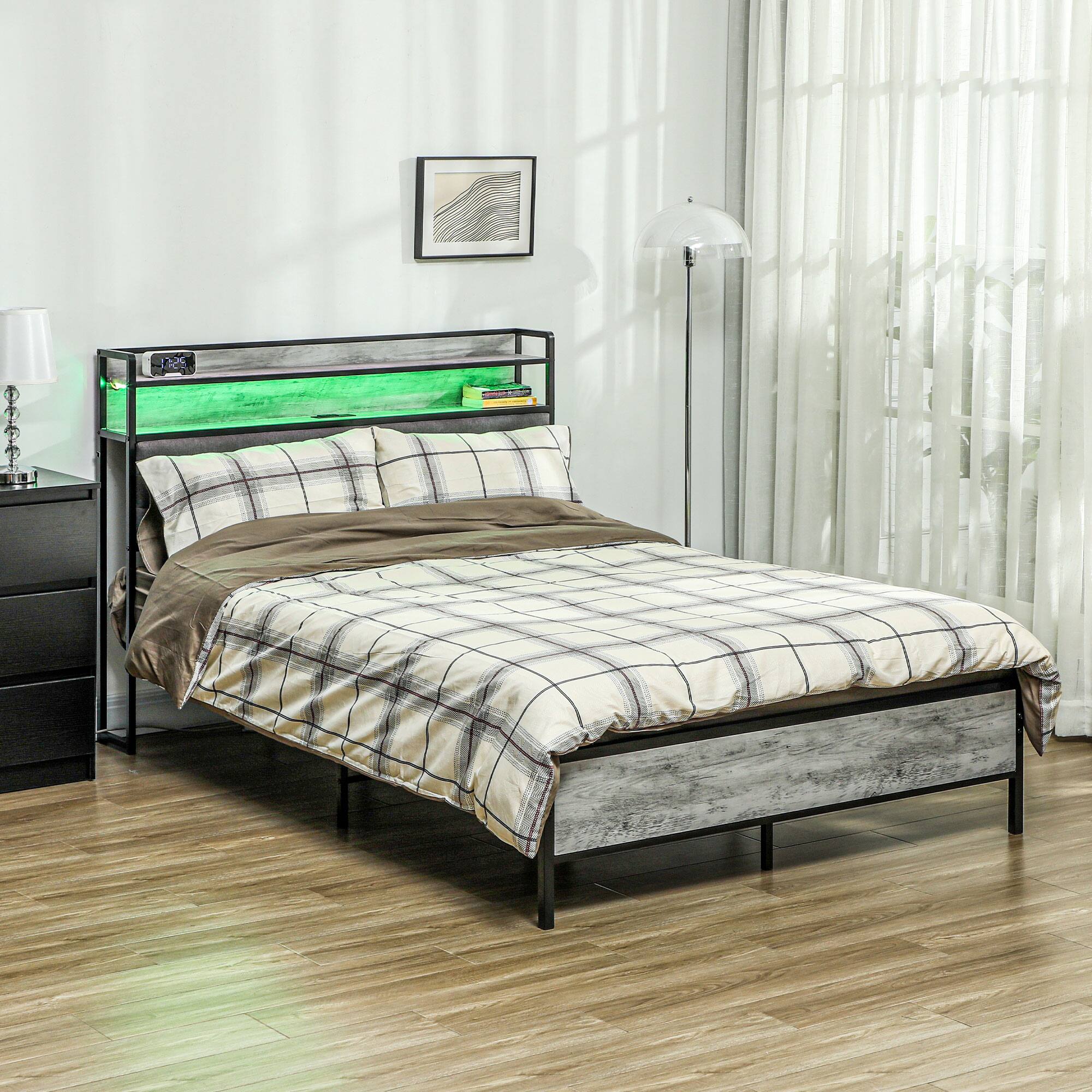 Alt View 1. Homcom - Full Size Bed Frame with Storage Headboard, Upholstered Platform Bed Frame with LED Lights, Charging Station - Cement Gray.
