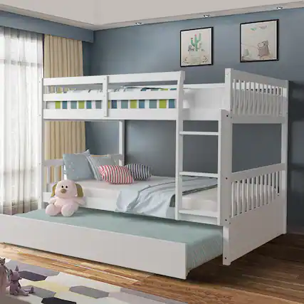 Front. Gymax - Gymax Full over Full Bunk Bed Platform Wood Bed Captain's Bed w/ Trundle & Ladder Rail - White.