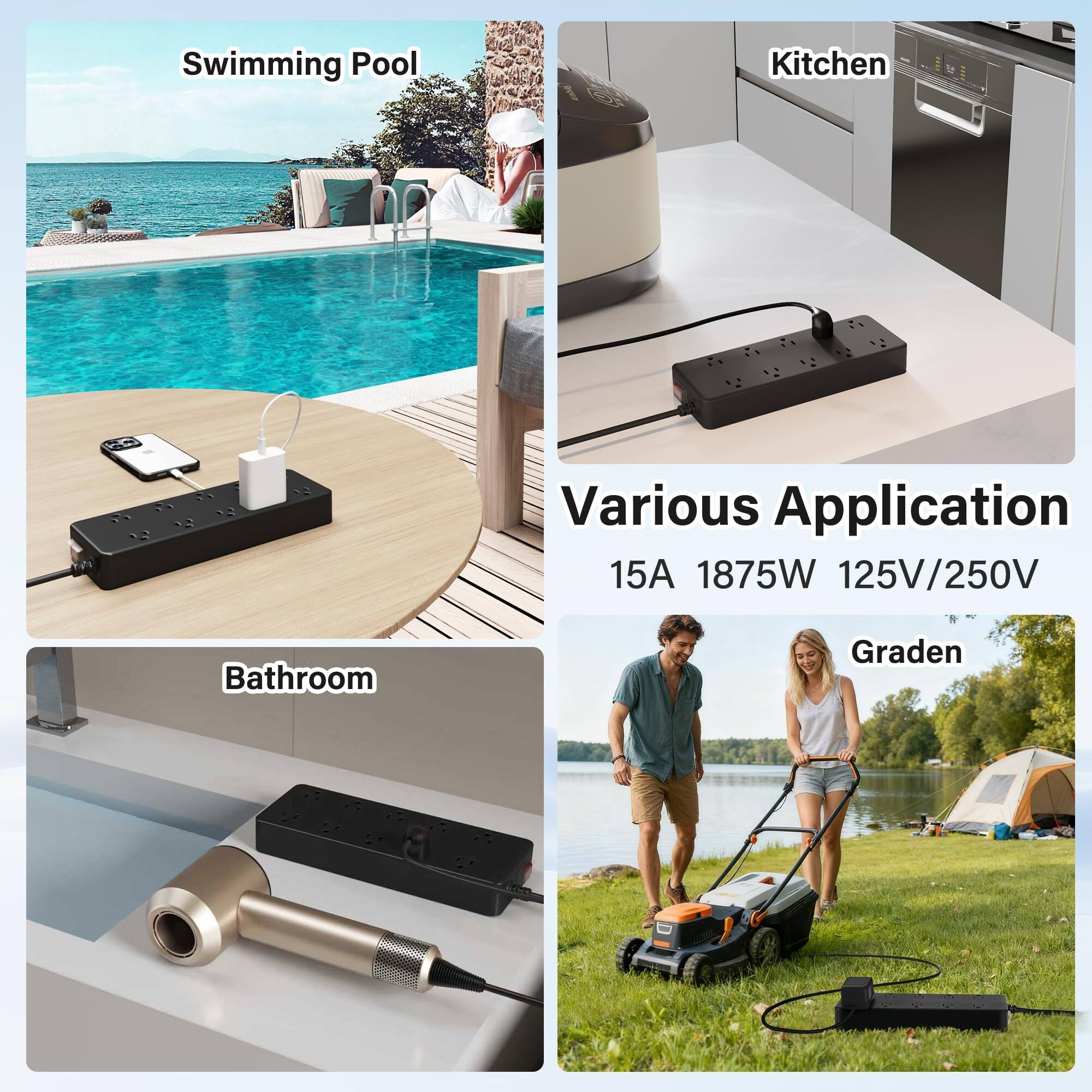 Swimming Pool  
Kitchen  
Various Application  
15A 1875W 125V/250V  
Bathroom  
Graden