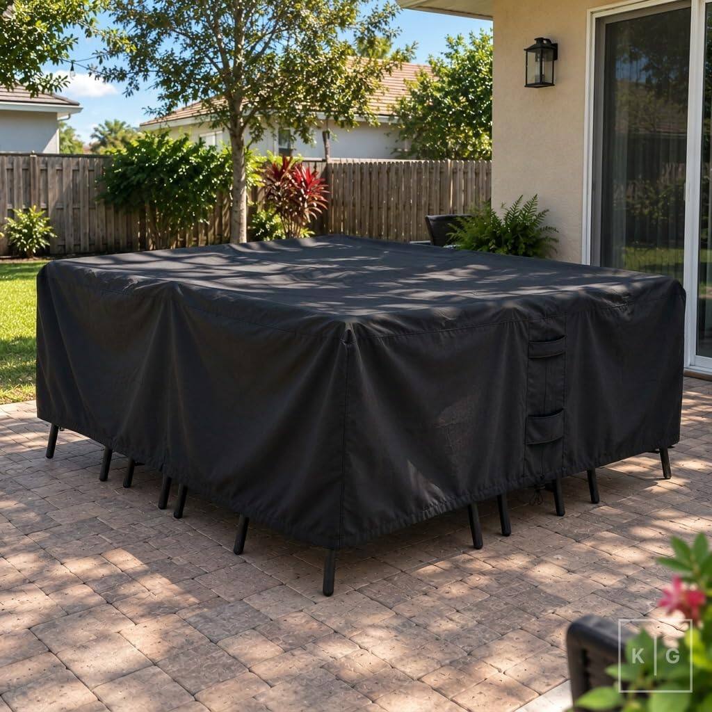 Angle. KHOMO GEAR - Patio Table and Chair Set Cover - Heavy Duty, Water Resistant Outdoor Furniture Cover, Rectangular - 128"L x 82"W x 25"H - Black.